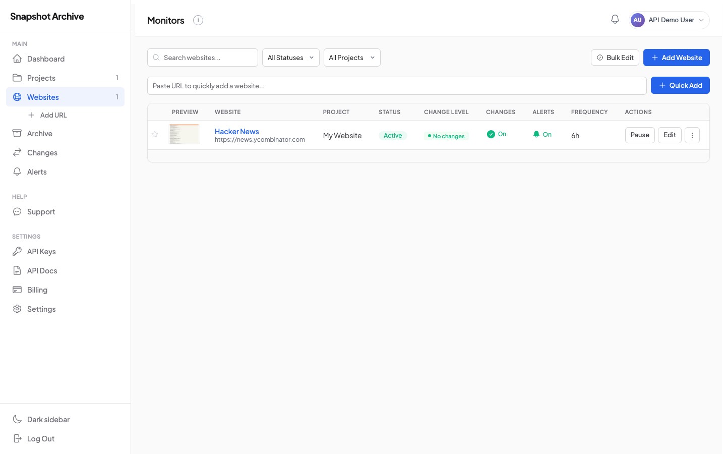 Dashboard showing the 'Hacker News' monitor created via API
