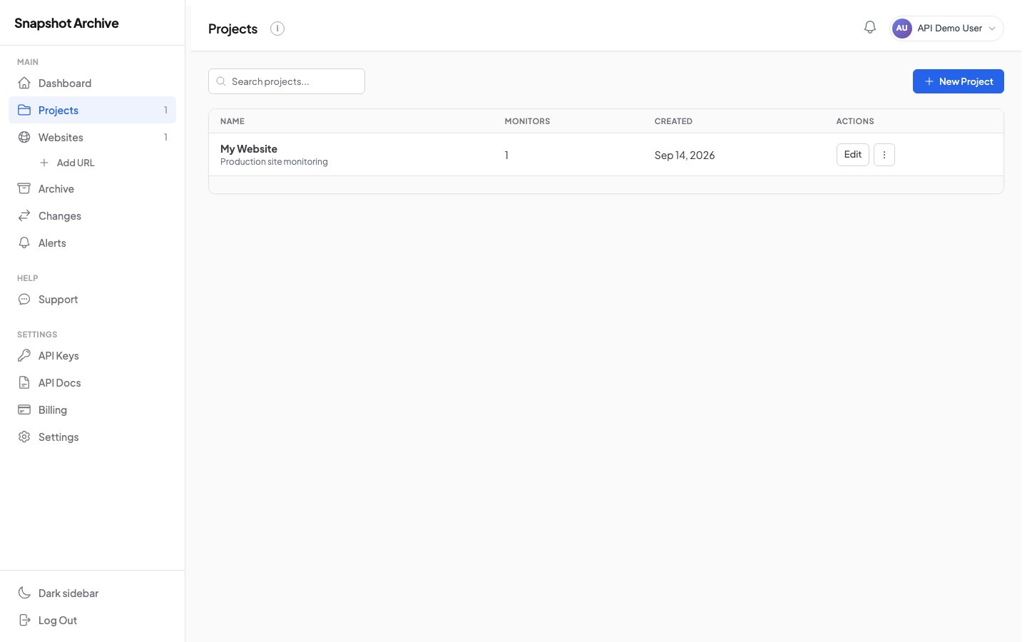 Dashboard showing the 'My Website' project created via API