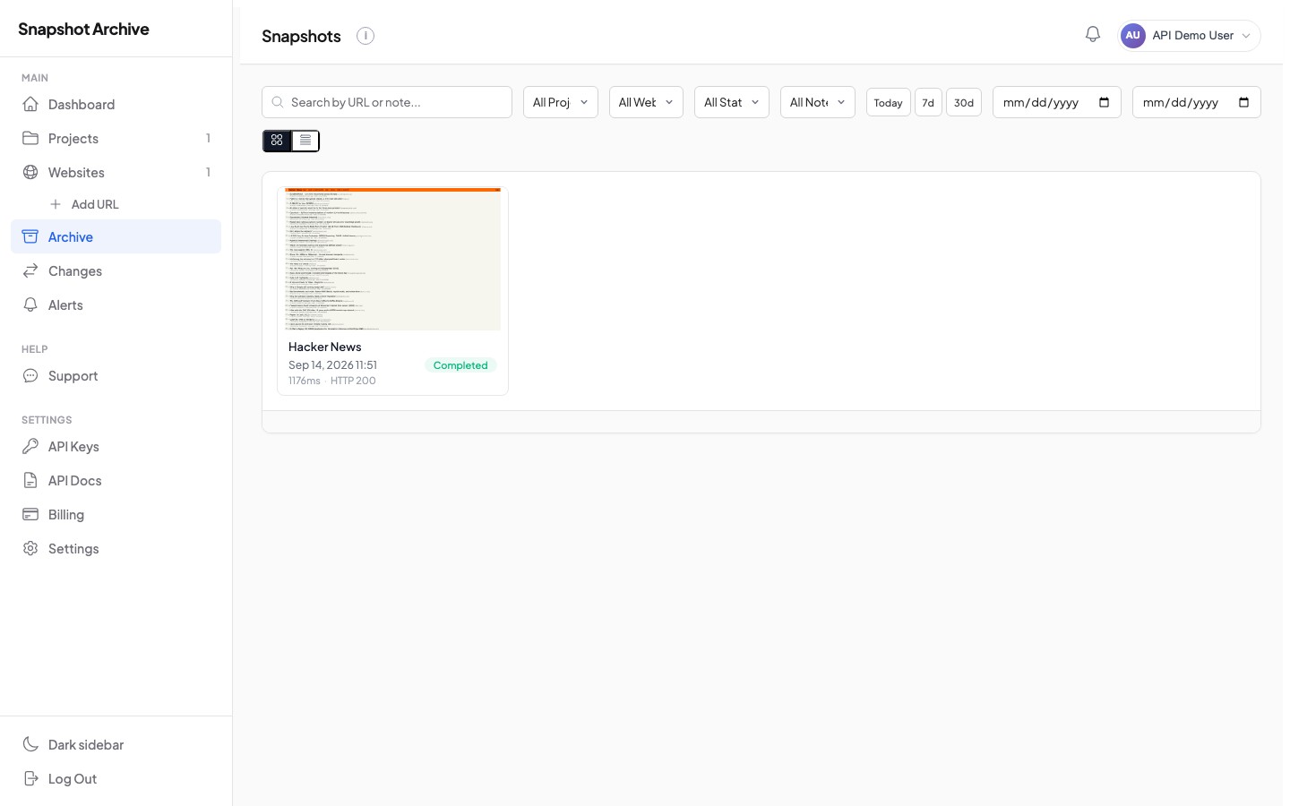 Dashboard showing a completed snapshot triggered via API