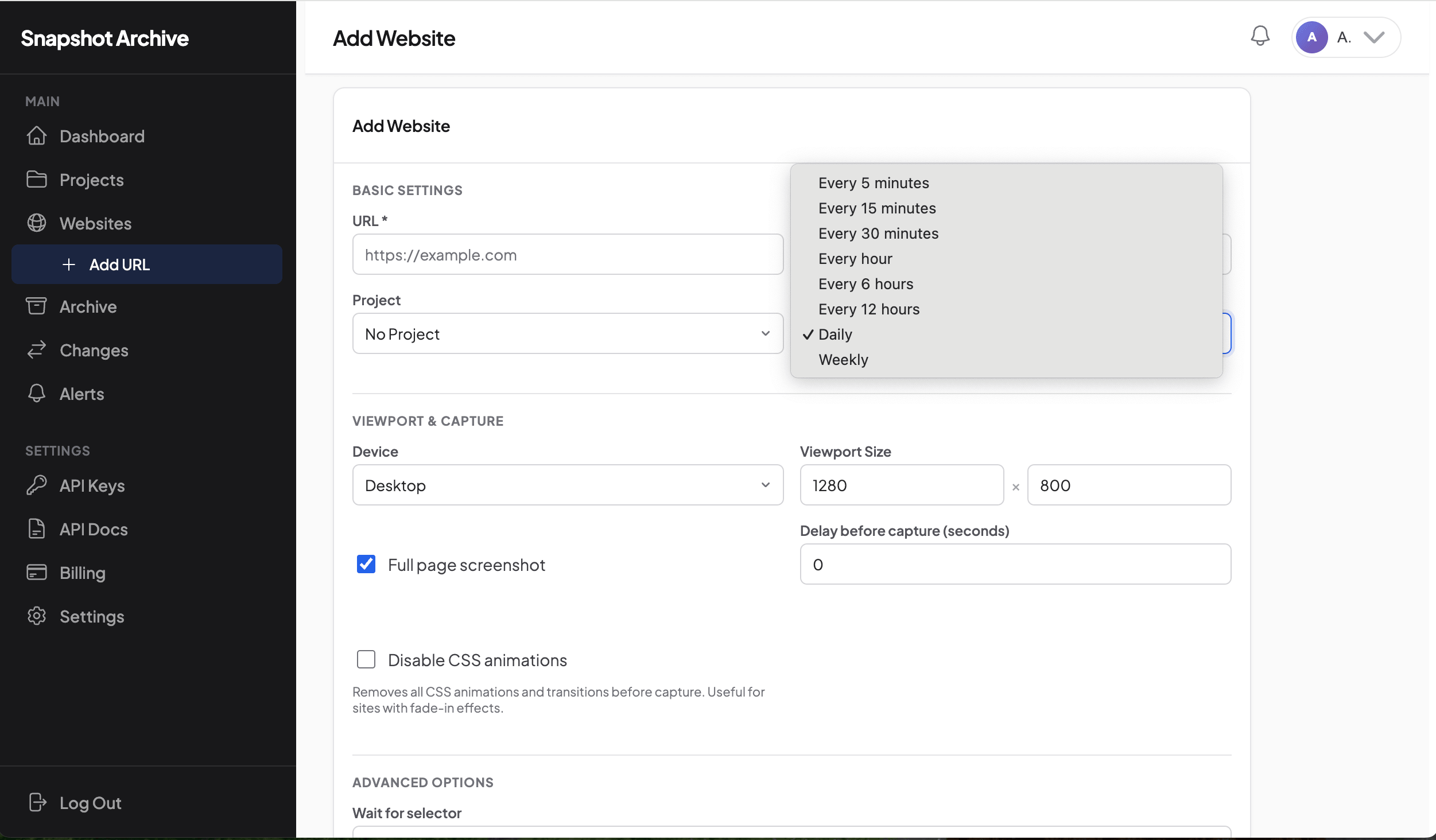 Screenshot scheduling setup