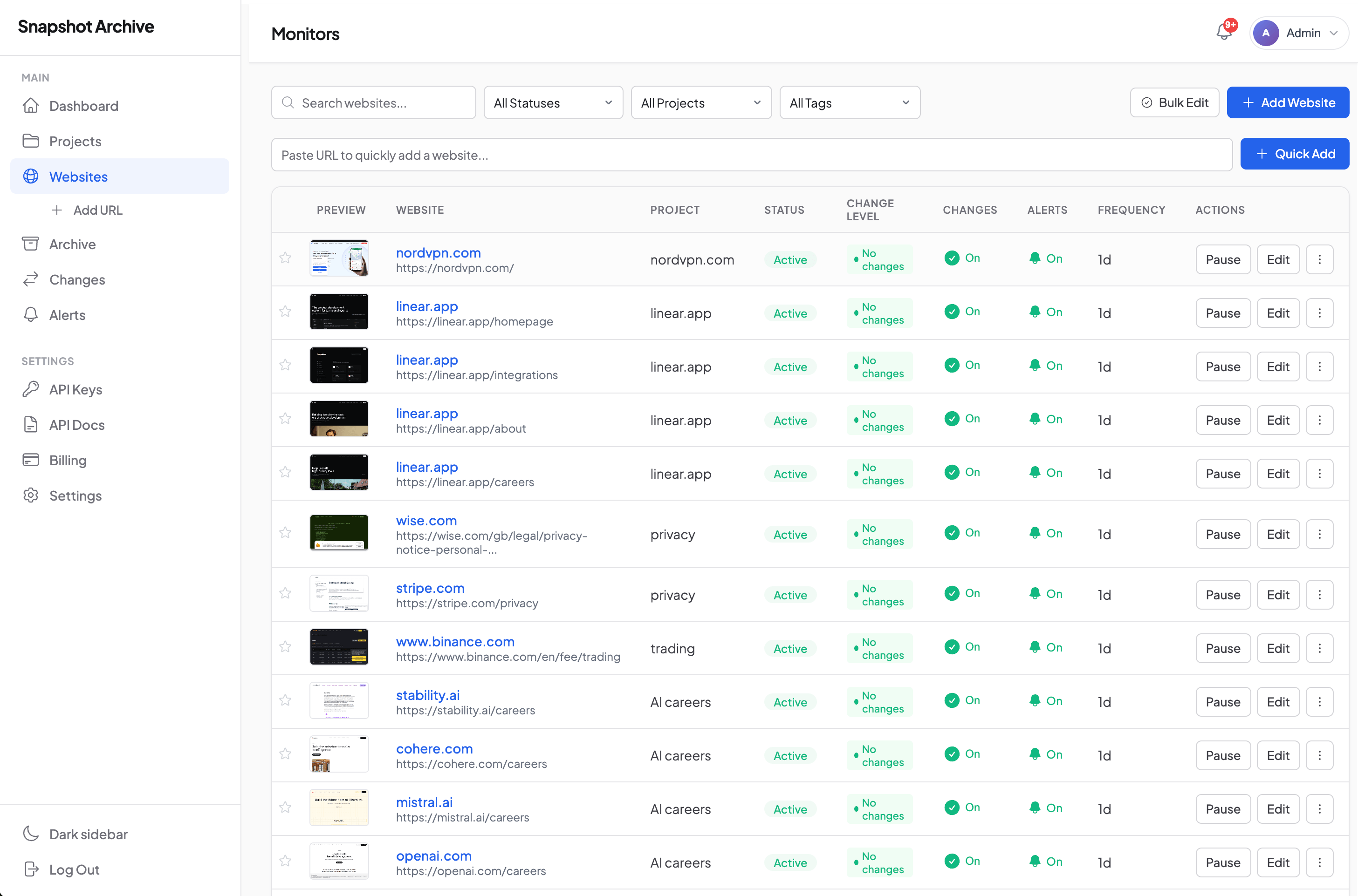 Multiple client domains organized in a monitoring dashboard with different capture frequencies