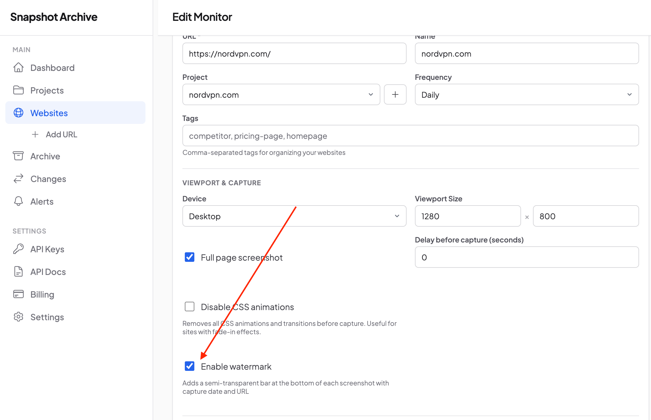 Snapshot Archive monitor settings page with the Enable watermark checkbox
