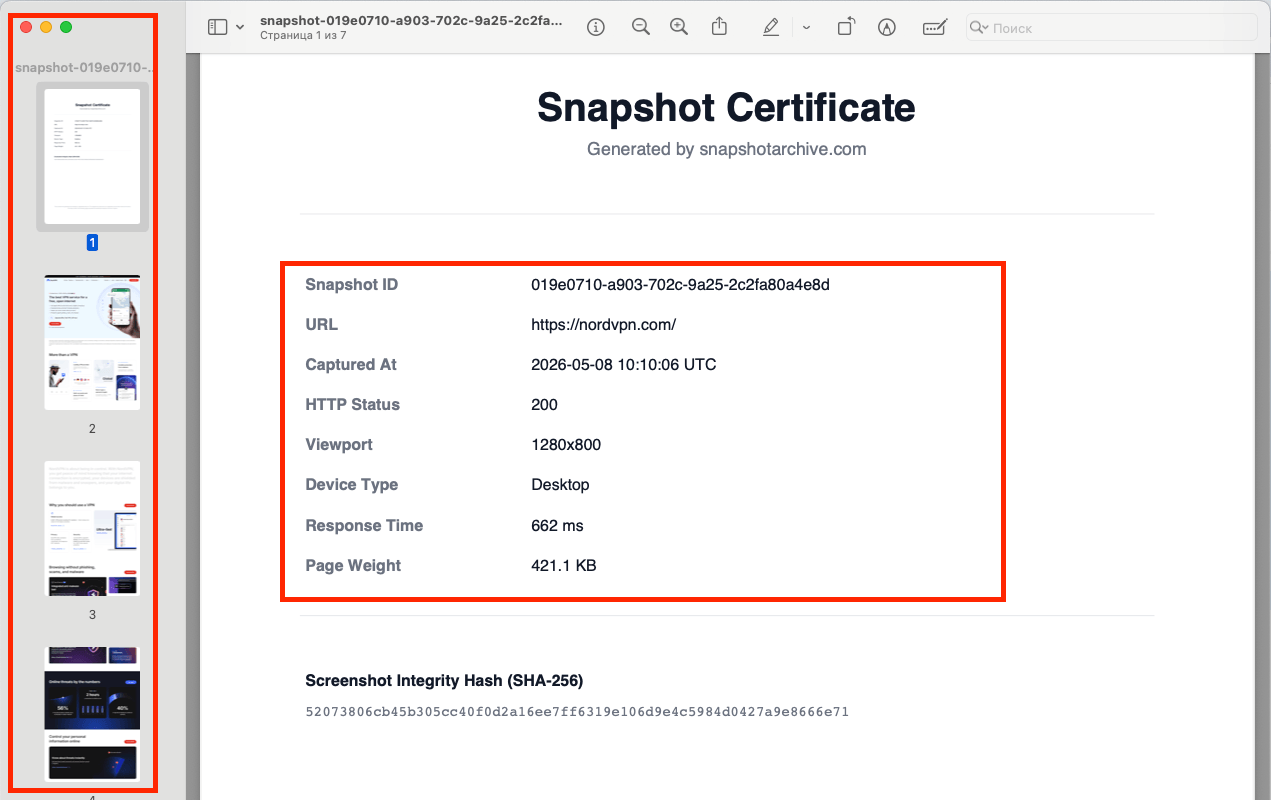 First page of a snapshotarchive PDF showing the Snapshot Certificate with snapshot ID, URL, capture timestamp, HTTP status, viewport, device type, response time, page weight, and SHA-256 integrity hash. 