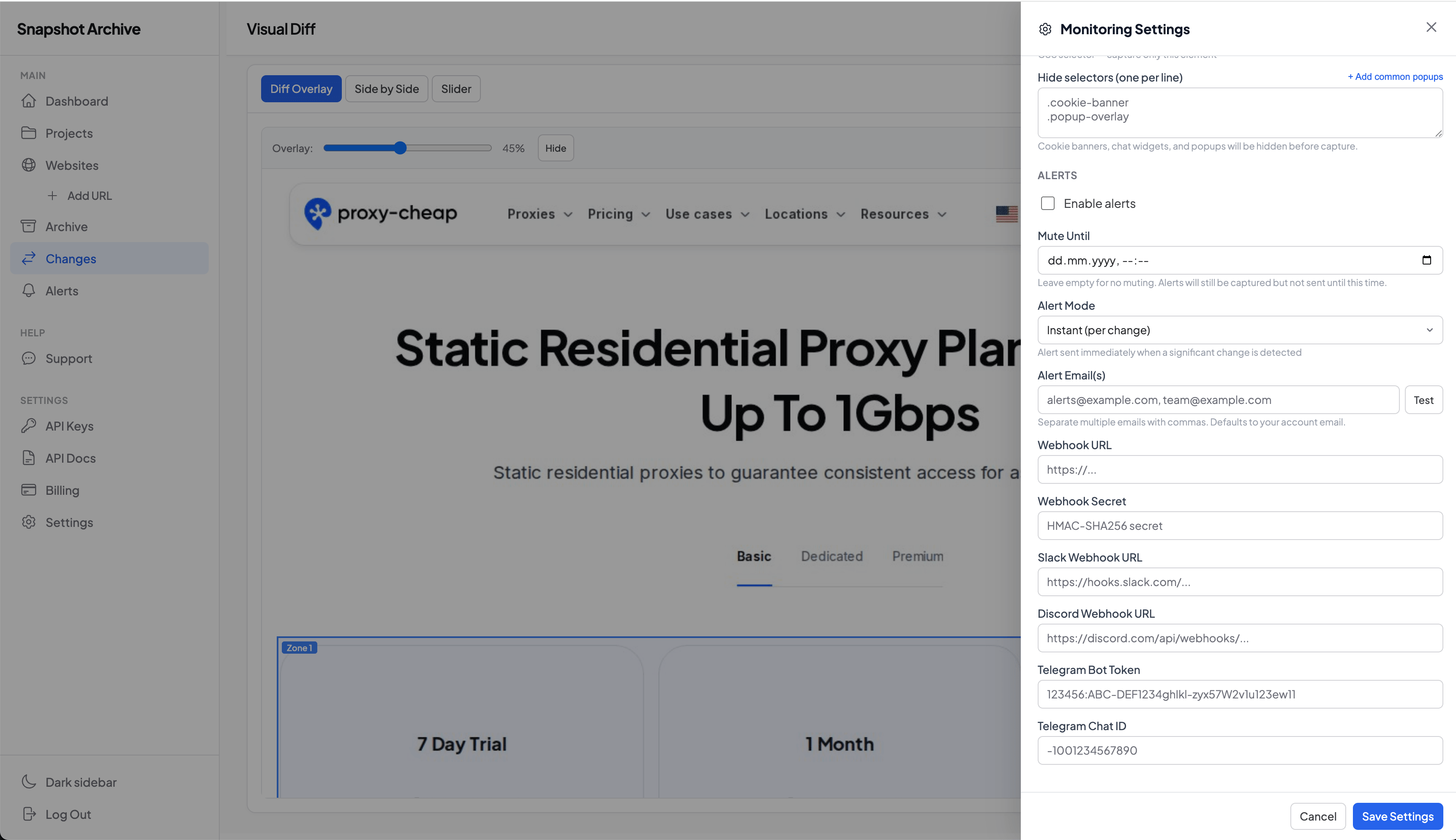 Alert and channel setup in Monitoring Settings