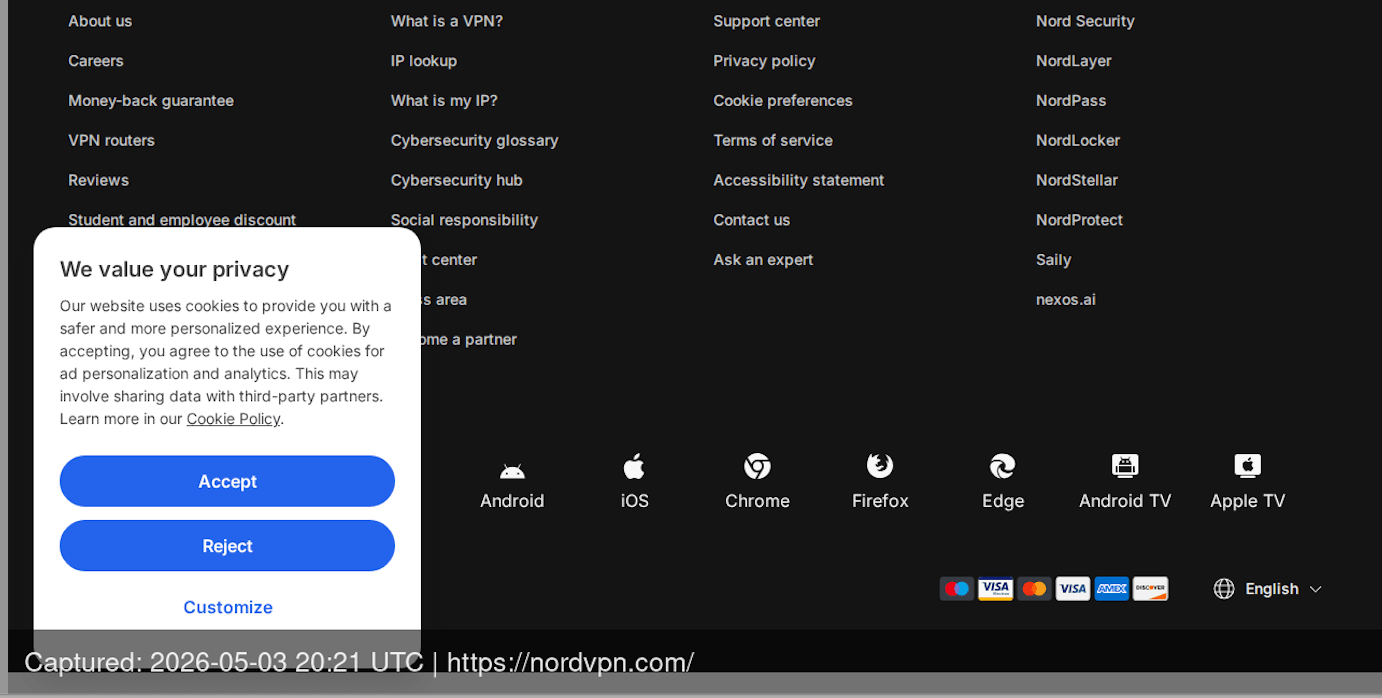 Watermarked website screenshot of nordvpn.com showing UTC timestamp and source URL at the bottom
