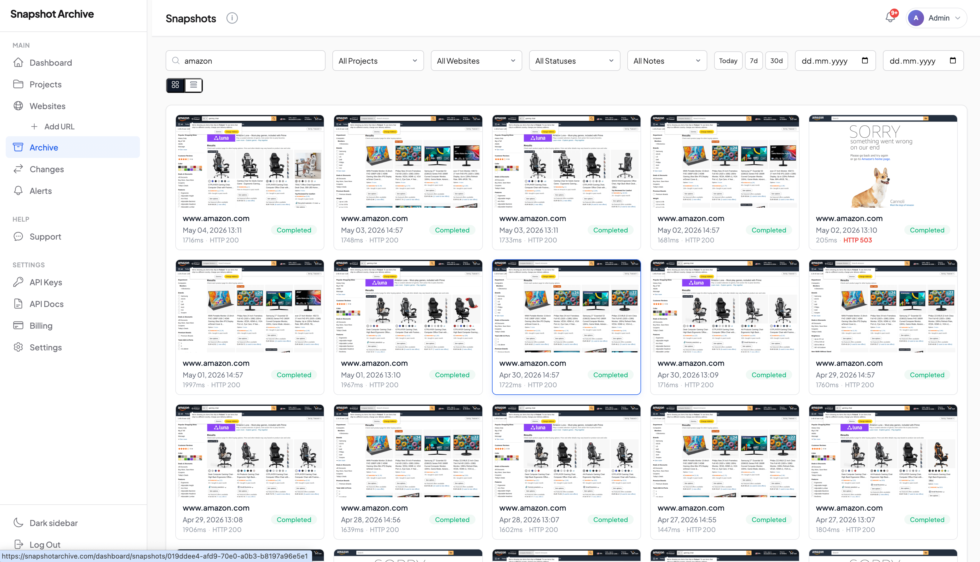 Chronological archive grid showing daily e-commerce competitor page captures with timestamps over multiple weeks