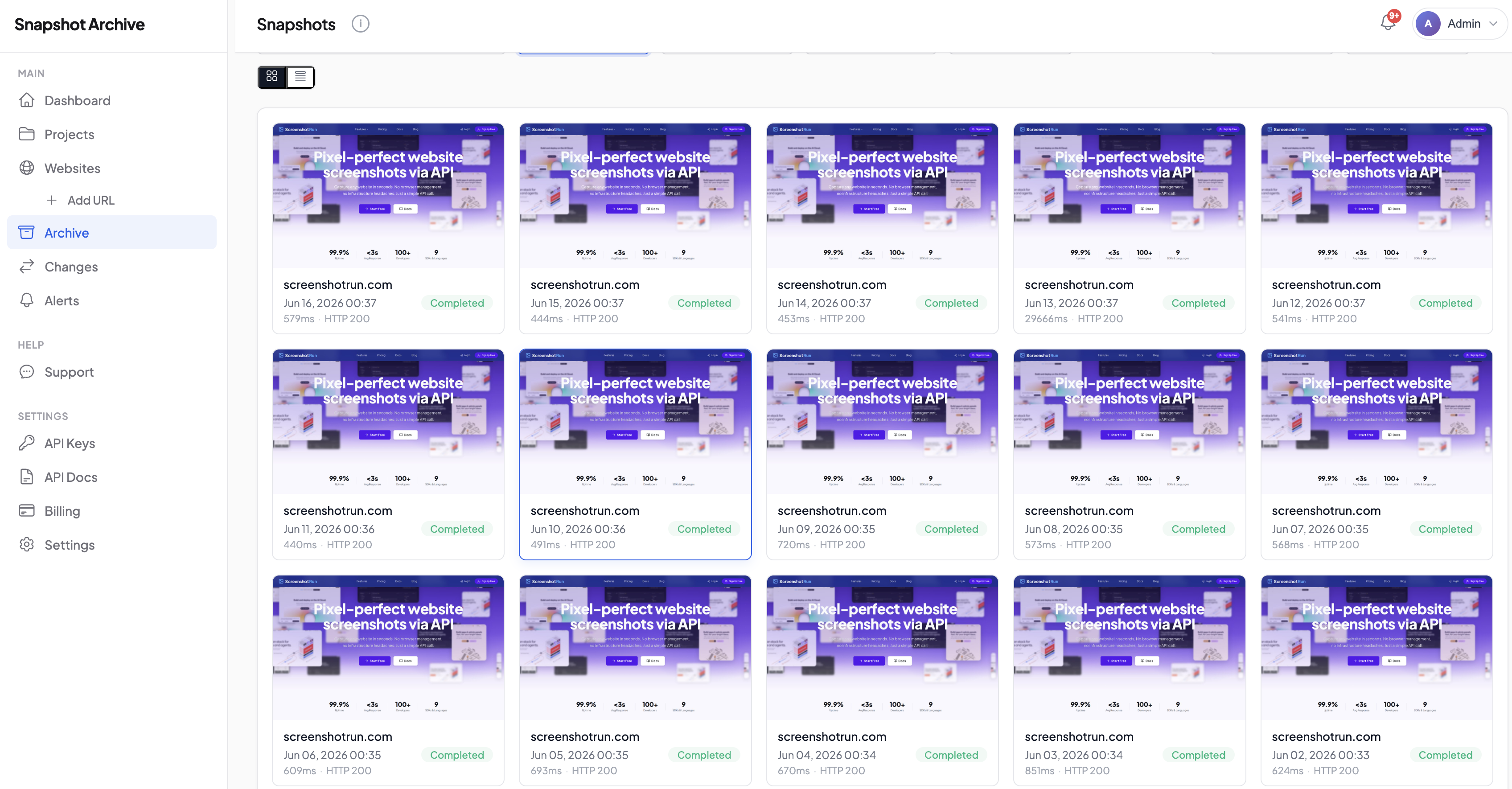 Chronological archive grid showing daily website captures with timestamps over multiple weeks