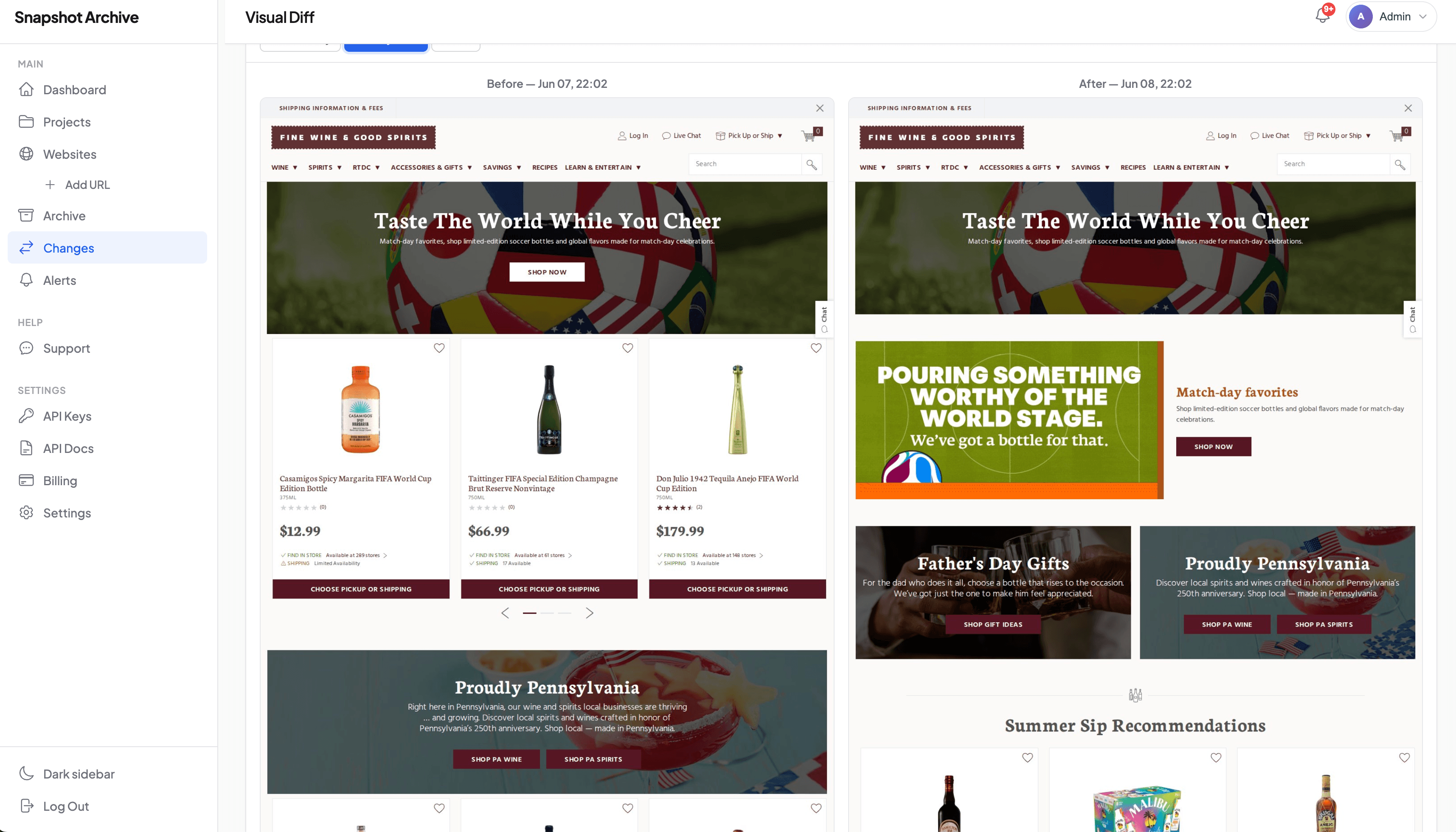 Snapshot Archive changes dashboard showing before/after thumbnails and change percentages for monitored e-commerce pages