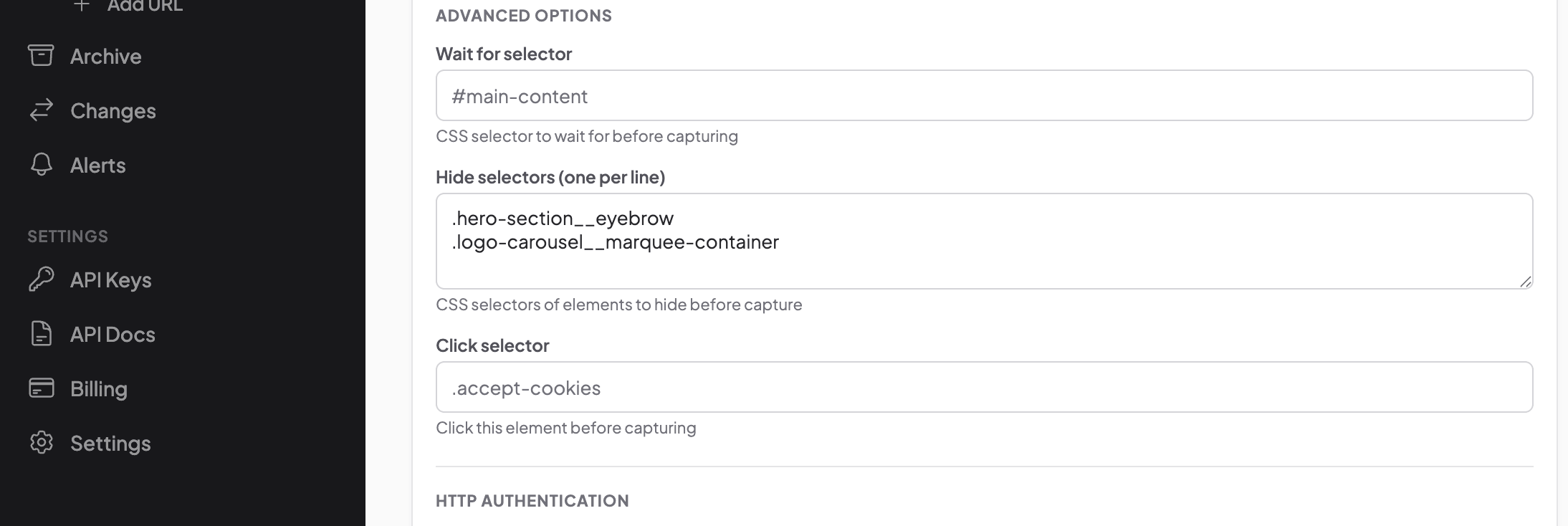 Hide selectors settings — .hero-section__eyebrow and .logo-carousel__marquee-container added