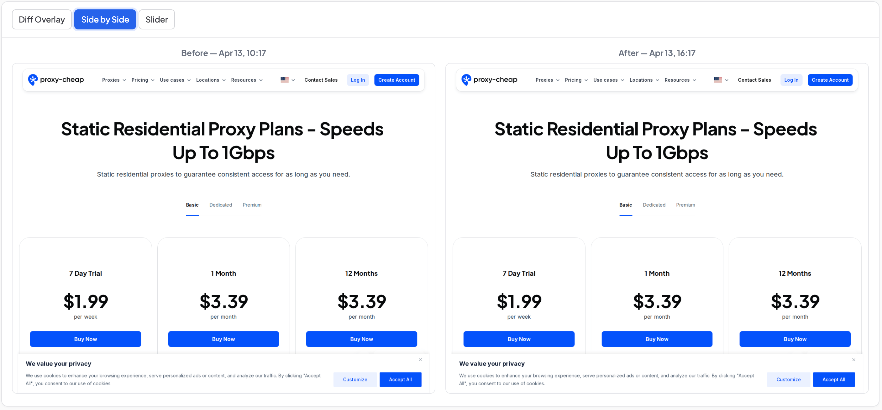 Side-by-side comparison of a competitor pricing page captured at two different times in Snapshot Archive