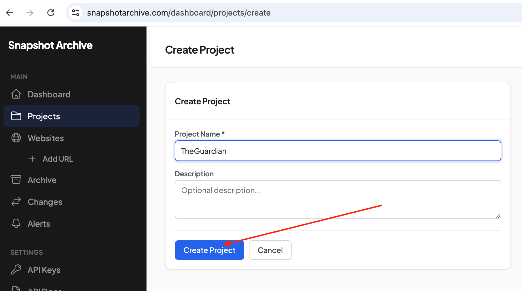 Creating a new project in snapshotarchive for The Guardian test
