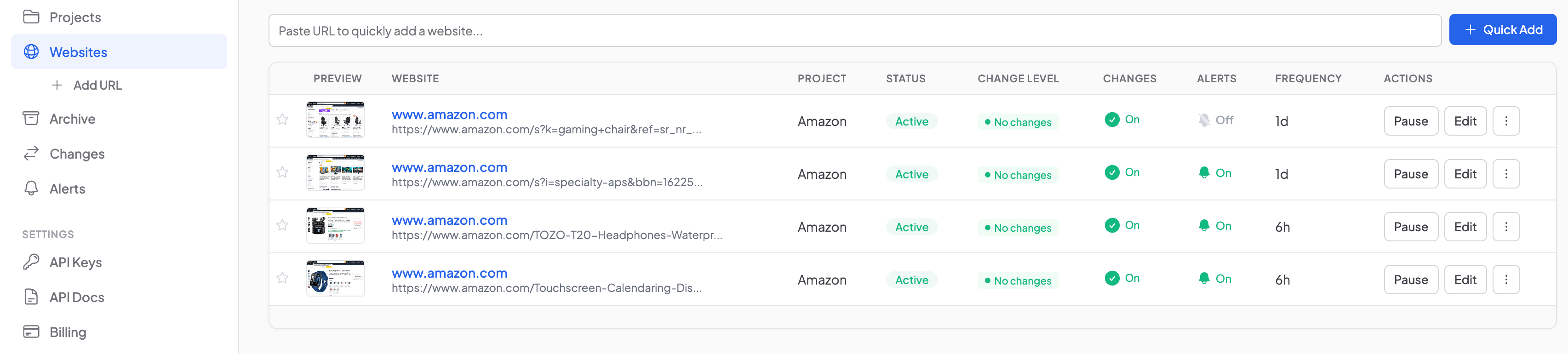 List of monitored competitor URLs in the Snapshot Archive dashboard with status, change level, and frequency settings