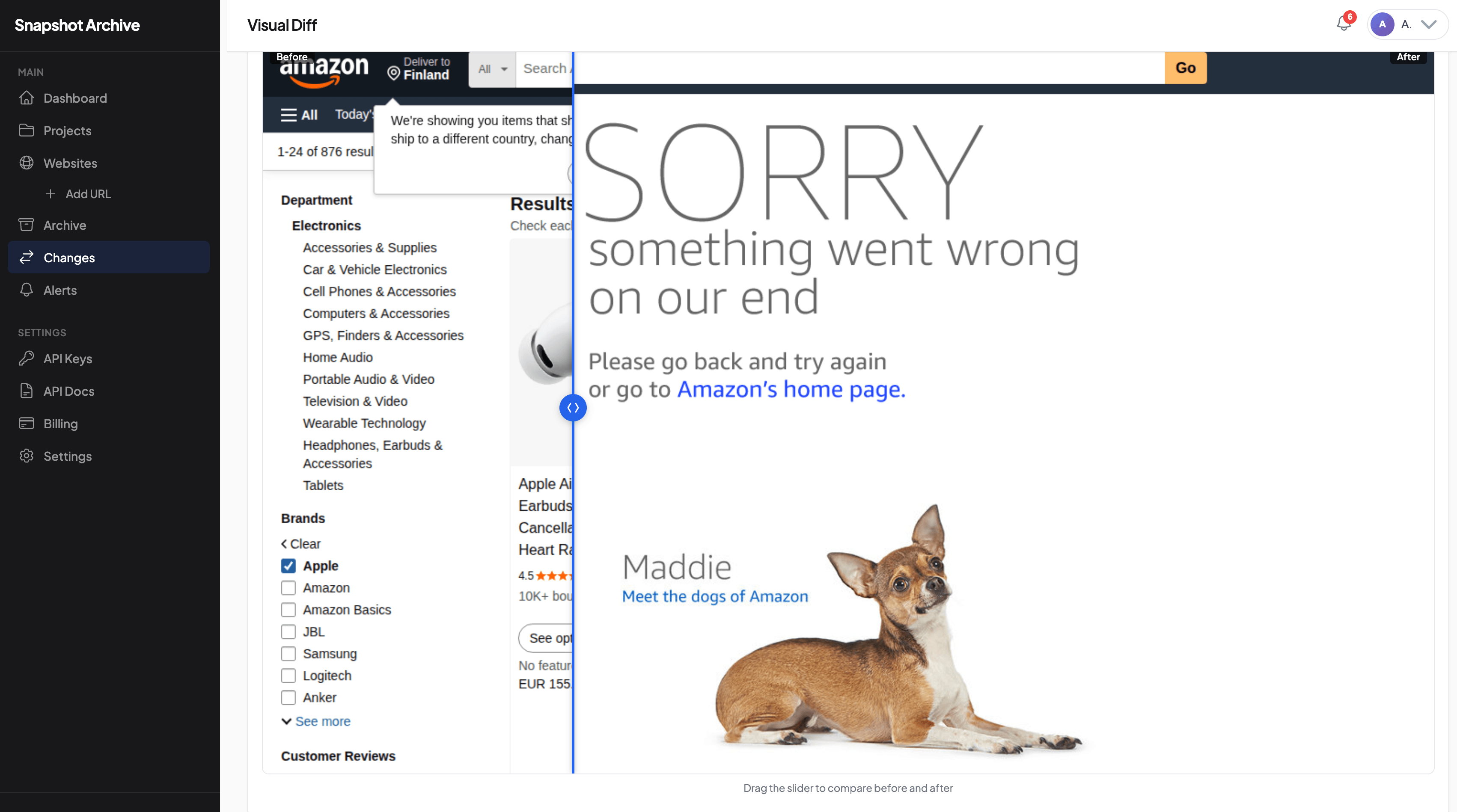 Visual diff showing normal Amazon product page on the left and error maintenance page on the right