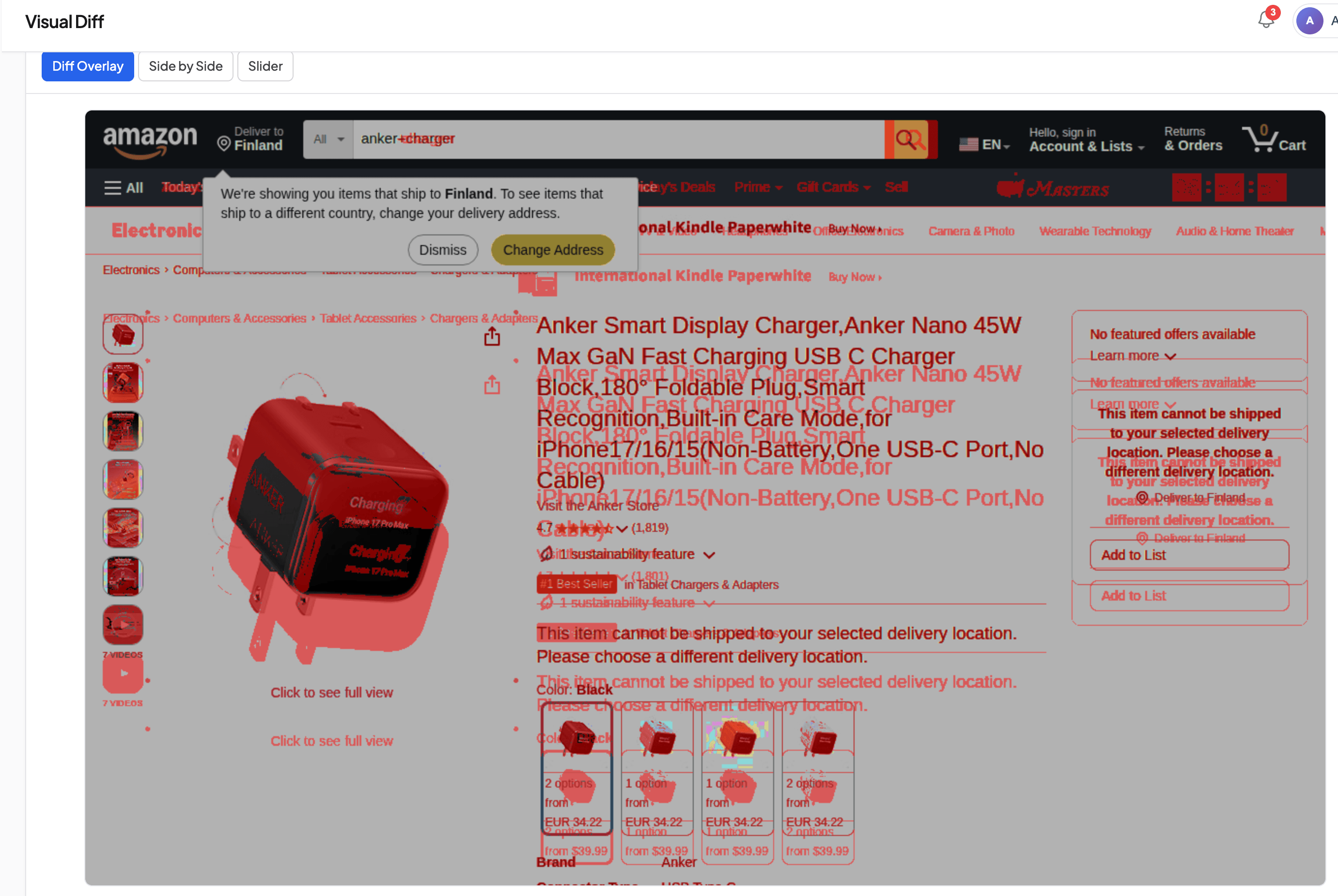 Diff Overlay of an Amazon product page, the entire page is highlighted in red showing a 22% change