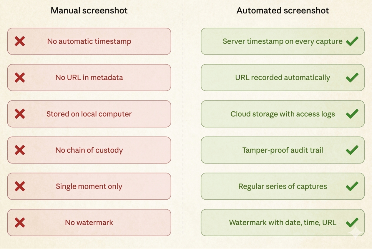Manual screenshot vs Automated screenshot — comparison table