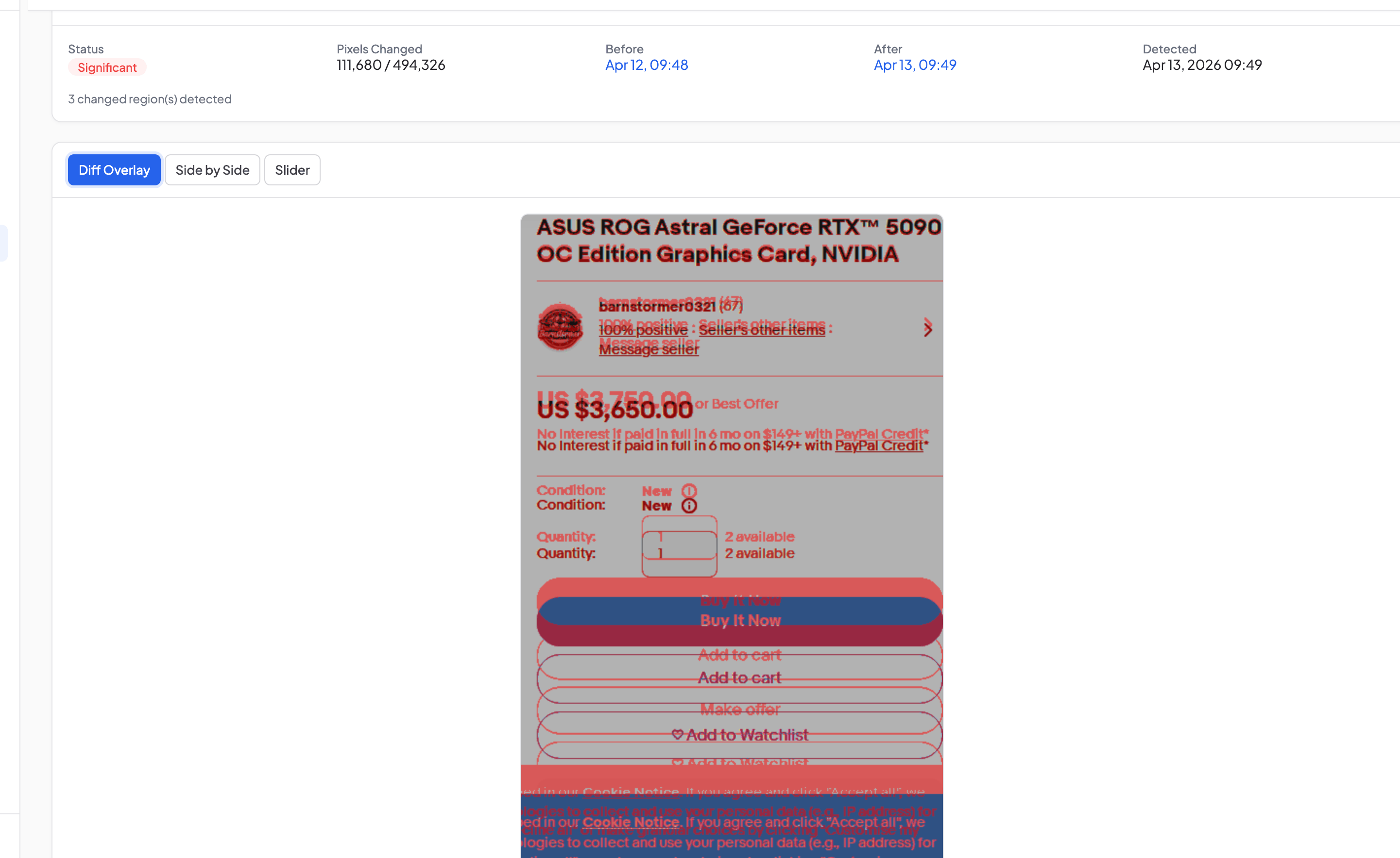 Diff Overlay of eBay RTX 5090 listing, red zones showing price change area