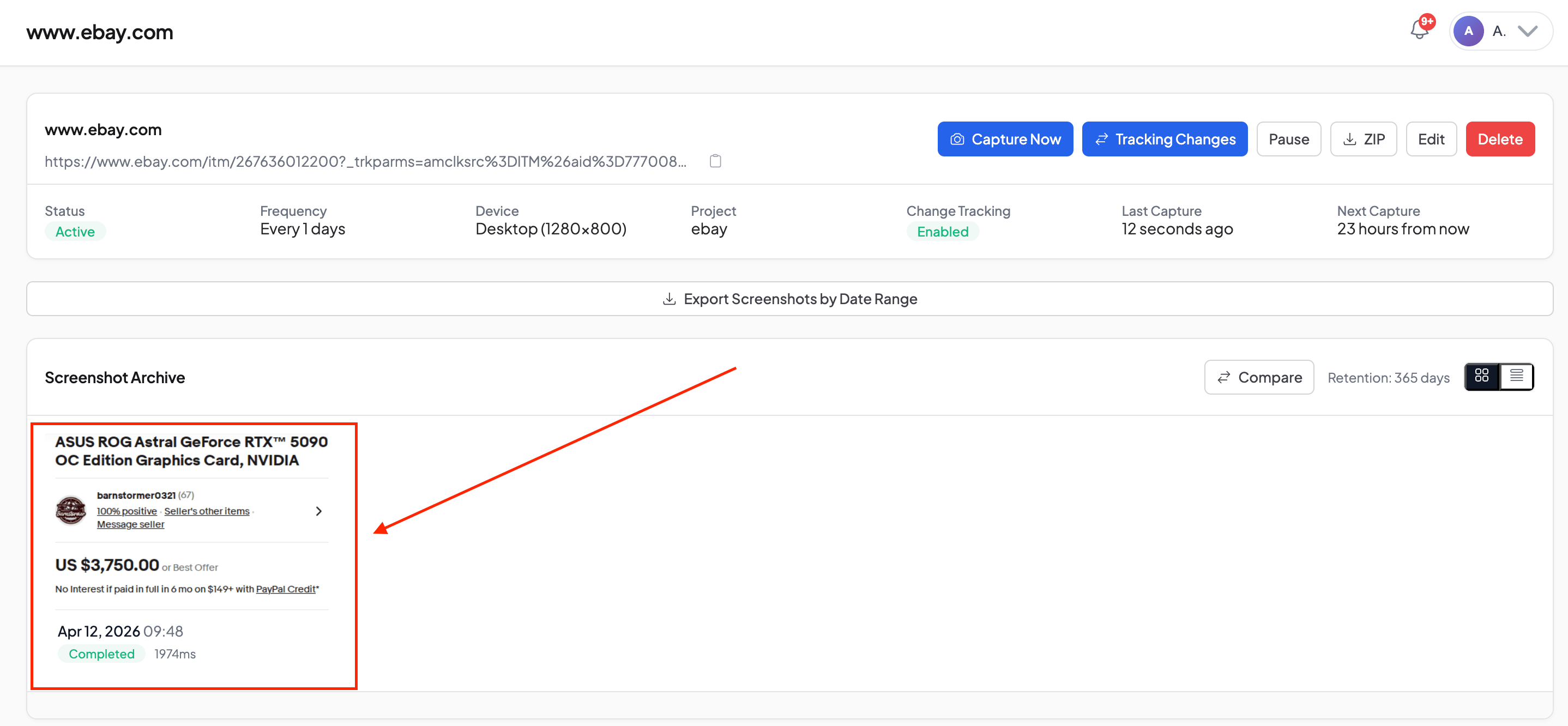 Result: screenshot clipped to the price panel only