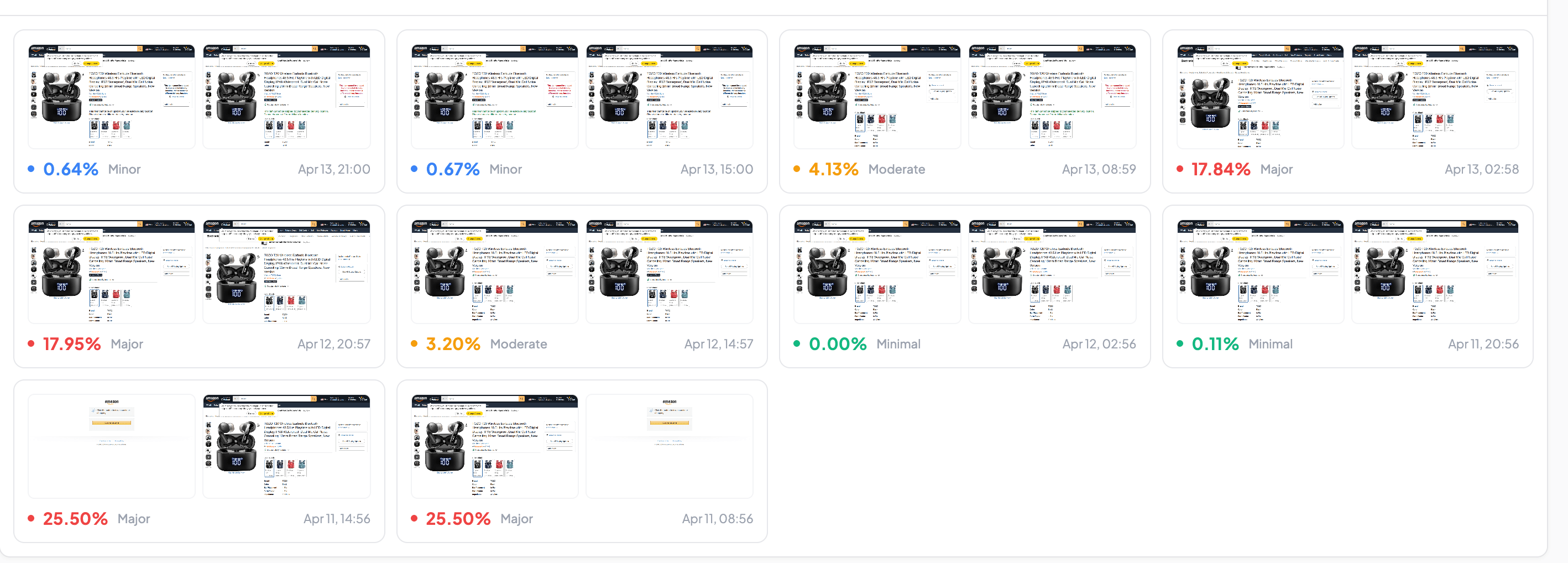 Change history timeline in Snapshot Archive showing visual diff percentages and severity levels for each screenshot comparison