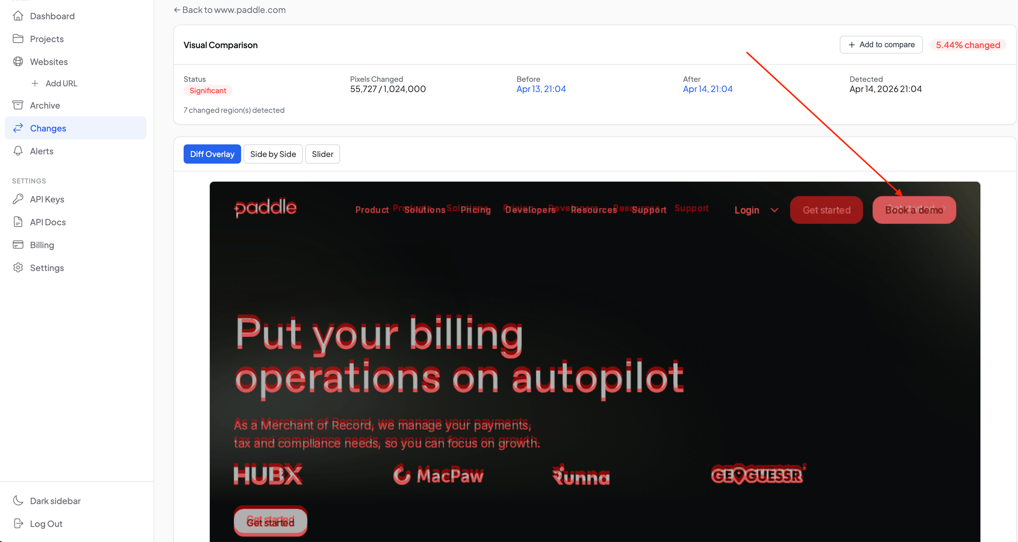 Diff Overlay on paddle.com showing 5.44% change with new "Book a demo" button in the navigation, 7 changed regions detected, red highlight overlay on dark background
