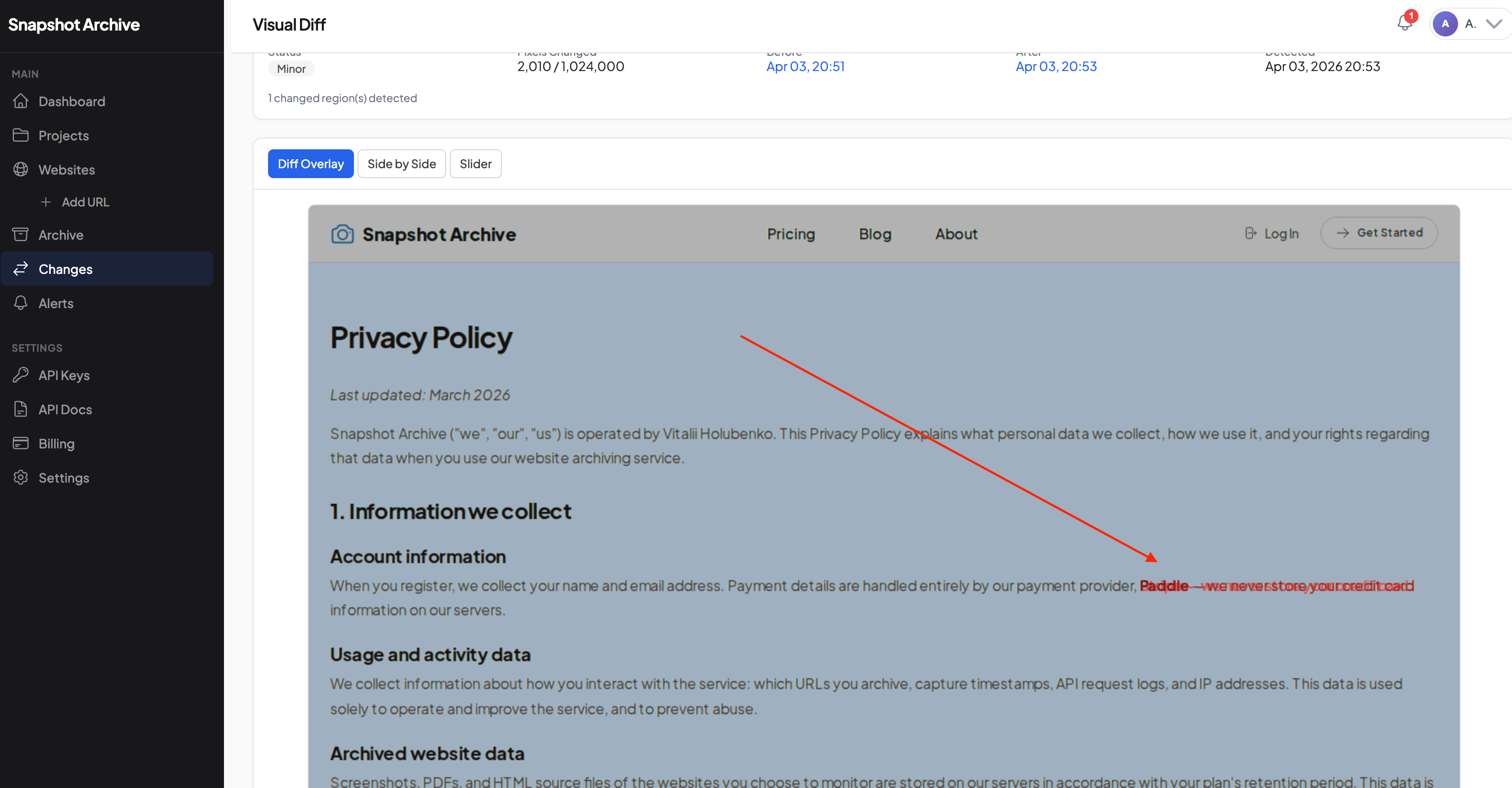 Visual diff in Snapshot Archive — highlighted change detected on a Privacy Policy page