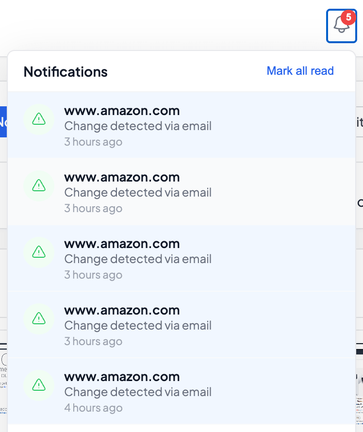 Snapshot Archive notification panel showing multiple change alerts for www.amazon.com pages