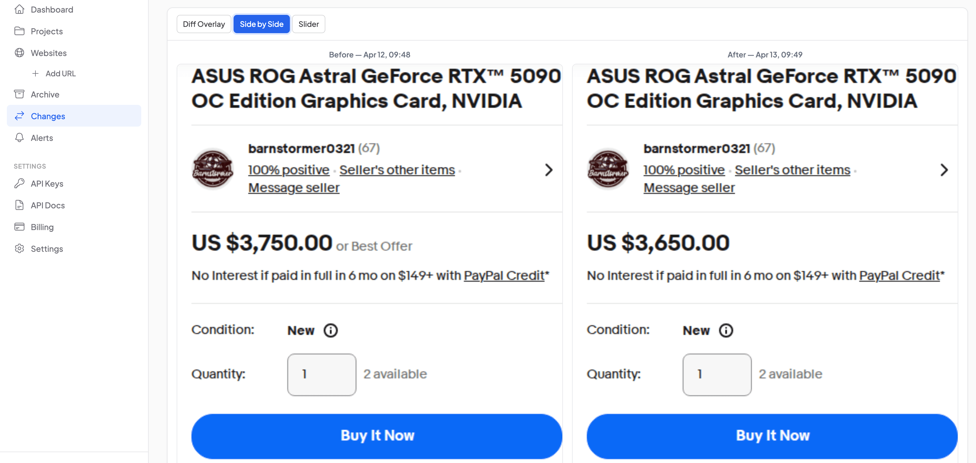 Side-by-side visual diff showing a real price change from $3,750 to $3,650 detected by Snapshot Archive