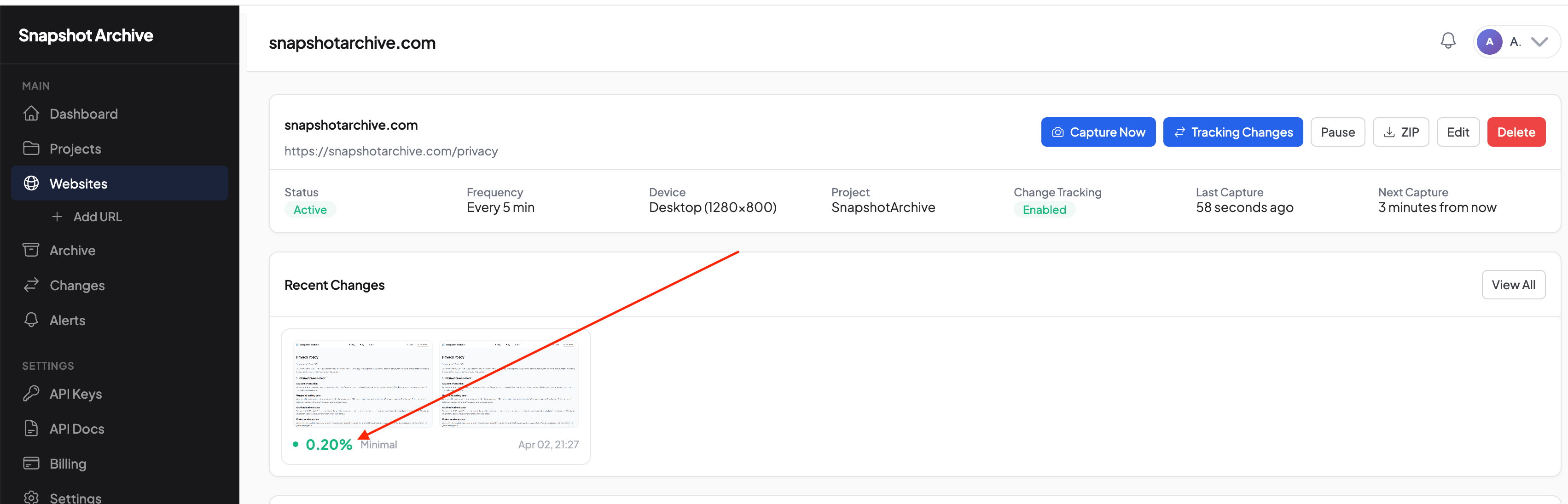First screenshot captured with change tracking enabled