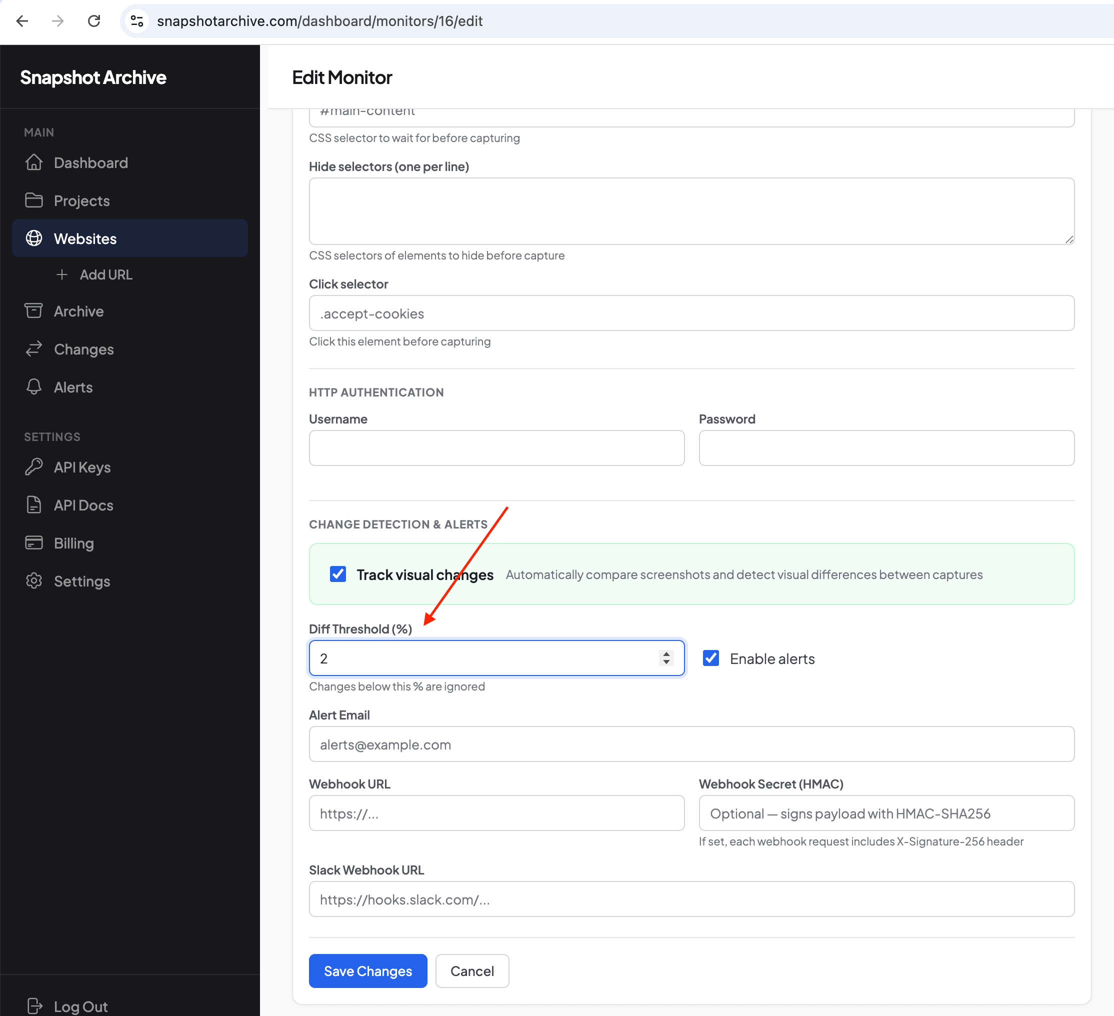 Setting Diff Threshold to 2% in Edit Monitor — arrow pointing to the threshold field