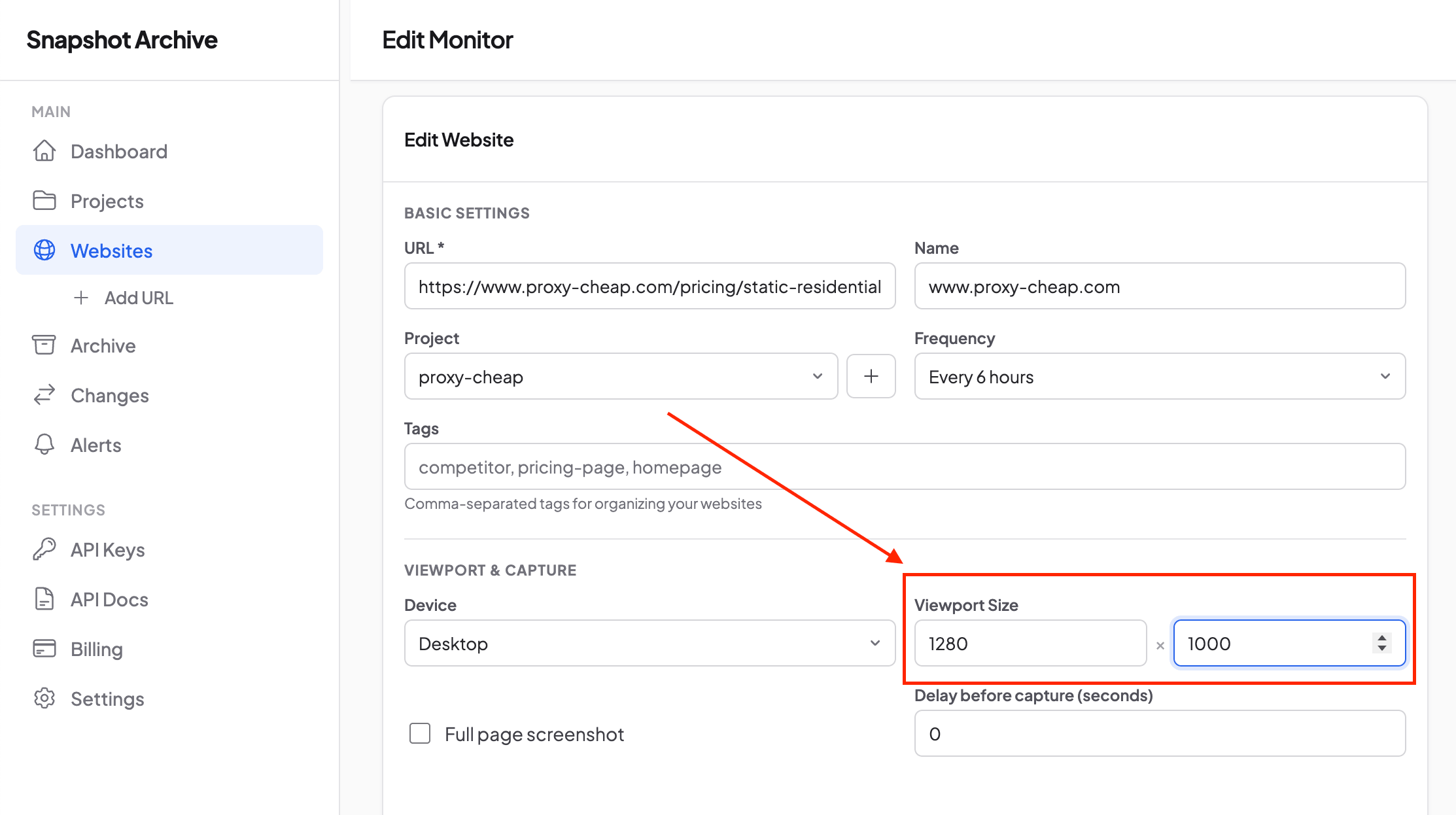 Snapshot Archive settings showing viewport mode with the Full Page Screenshot checkbox unchecked and viewport size 1280×1000 highlighted