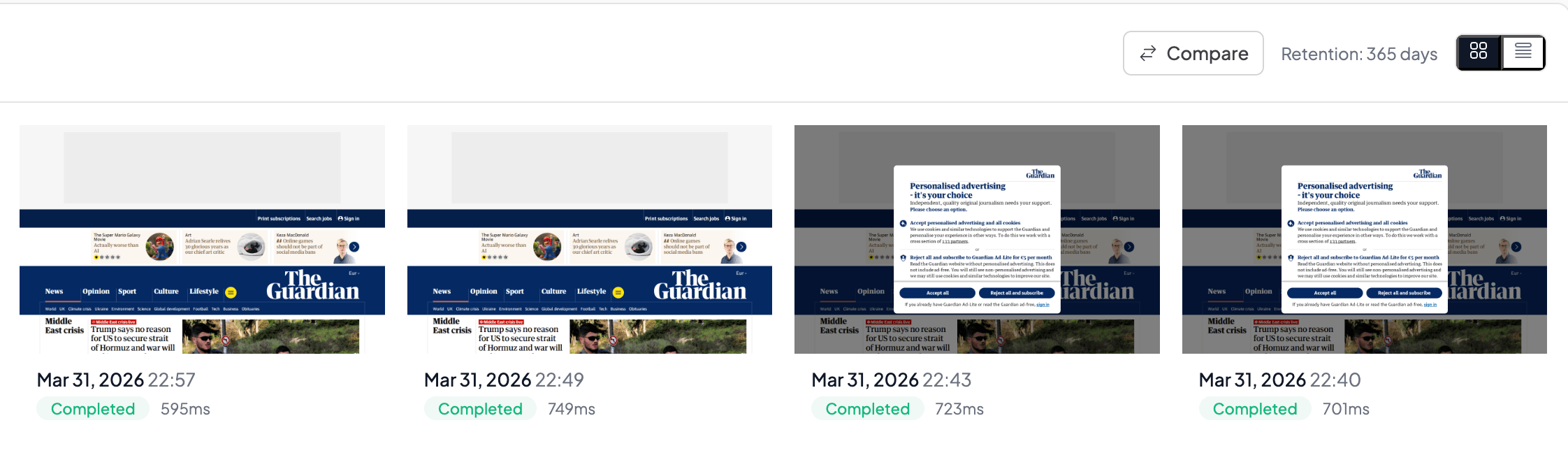 Screenshot archive showing four captures: two with cookie banner, two clean after adding hide selector