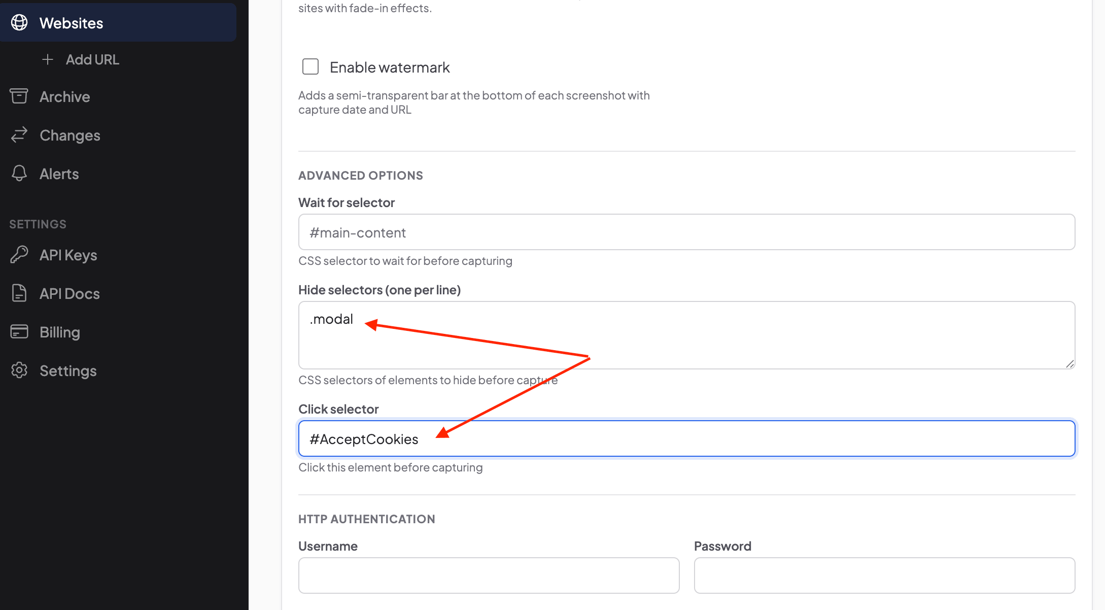 Monitor settings: hide .modal, click #AcceptCookies