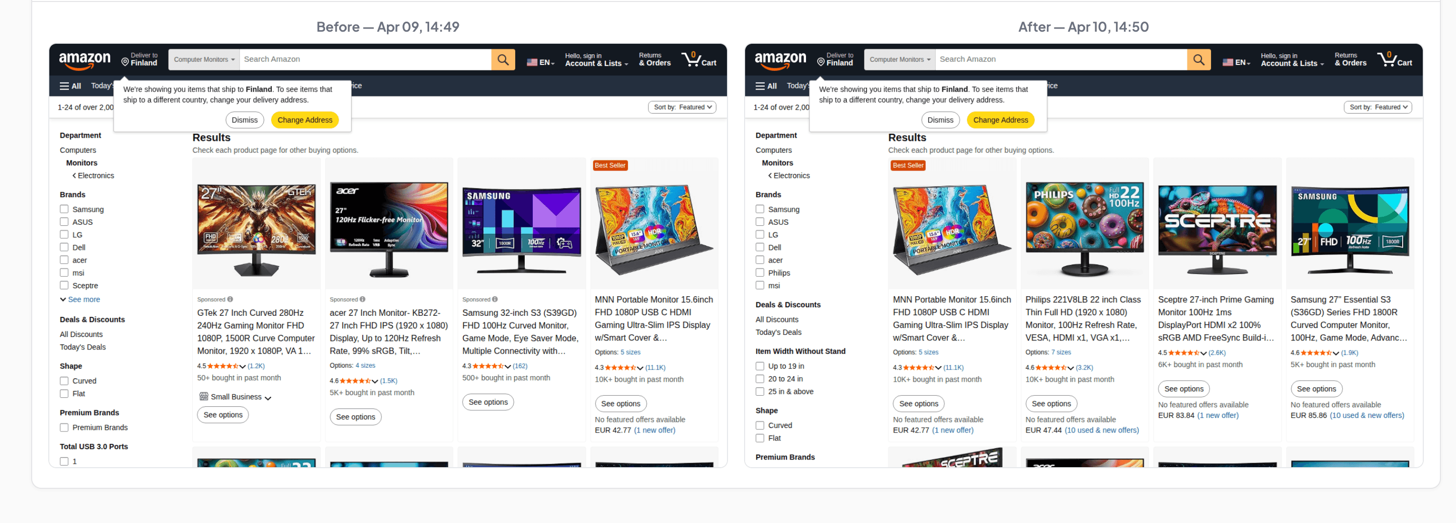  Side by Side comparison of Amazon Computer Monitors category, Before Apr 09 showing GTek, acer, Samsung products, After Apr 10 showing MNN, Philips, Sceptre, Samsung &mdash; completely different lineup