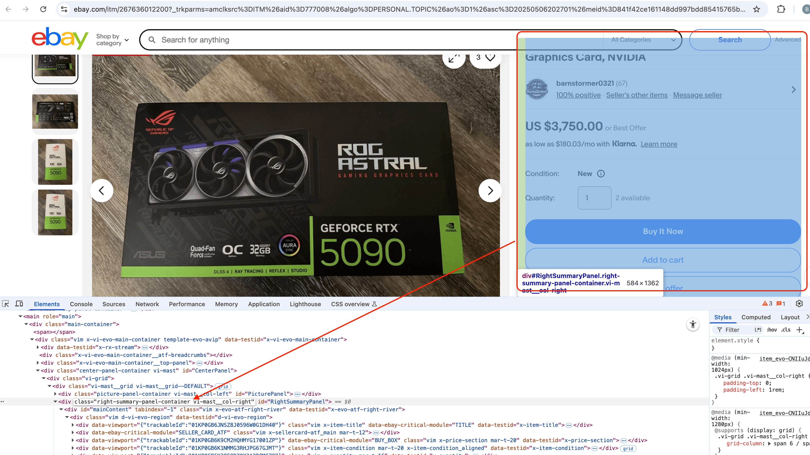 Finding the CSS selector via DevTools on an eBay product page