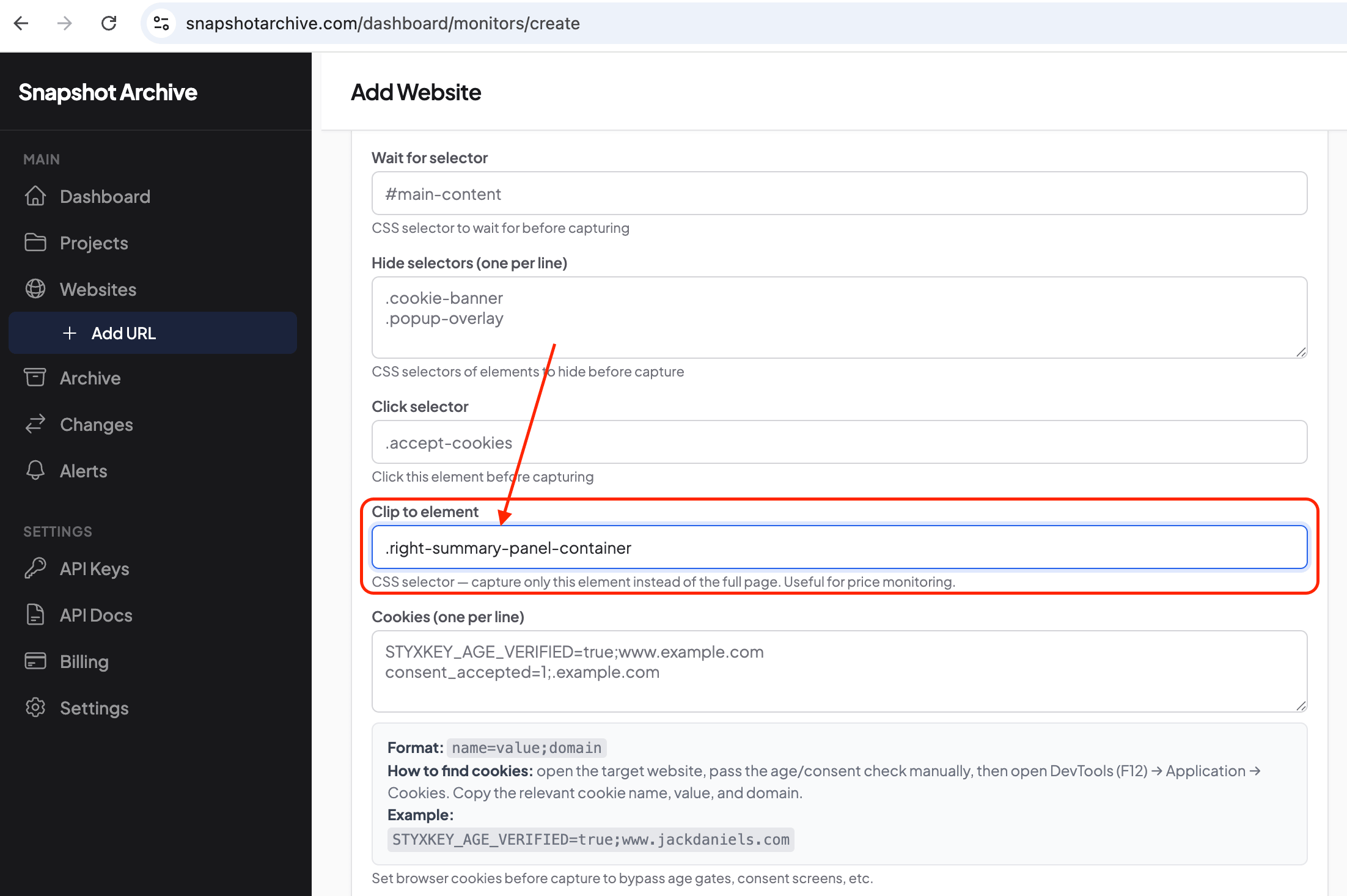 Clip to element field in snapshotarchive monitor settings