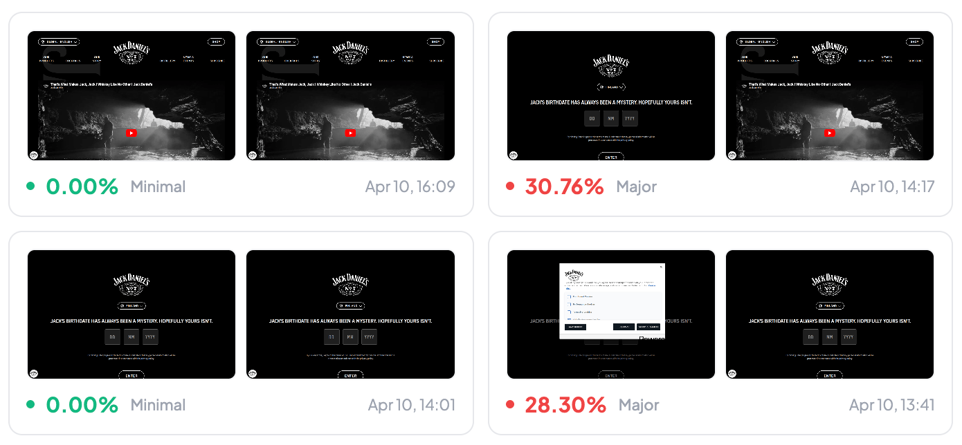 Recent Changes in snapshotarchive — screenshot pairs of jackdaniels.com: 30.76% Major when transitioning from age gate to content, then 0.00% Minimal