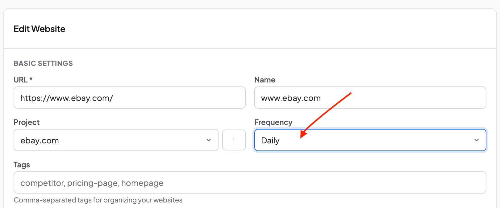 Selecting screenshot frequency in the Snapshot Archive website settings