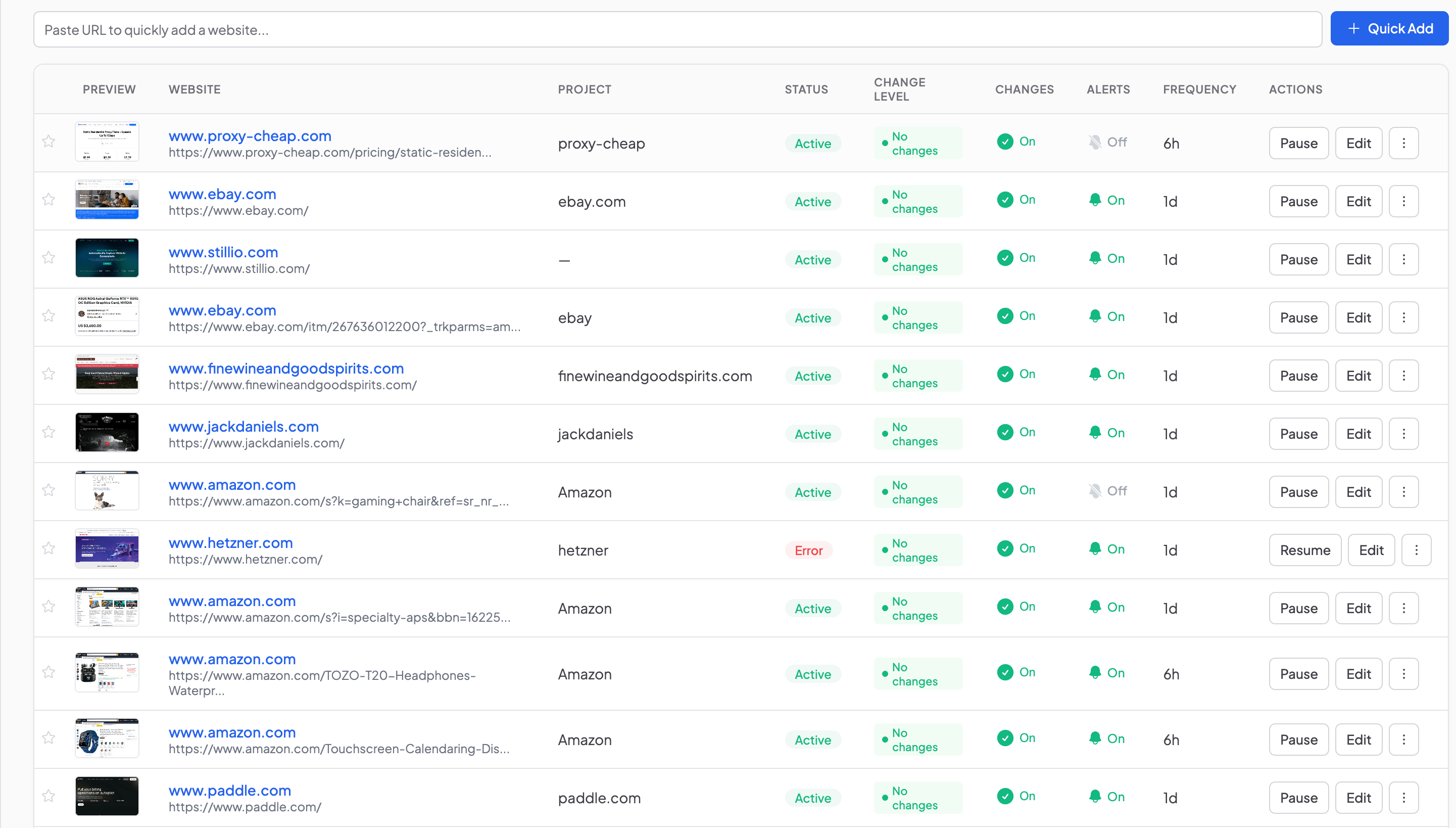 Websites list in Snapshot Archive dashboard showing monitored sites including eBay, Amazon, Paddle, Stillio, and others with status, change level, and frequency columns