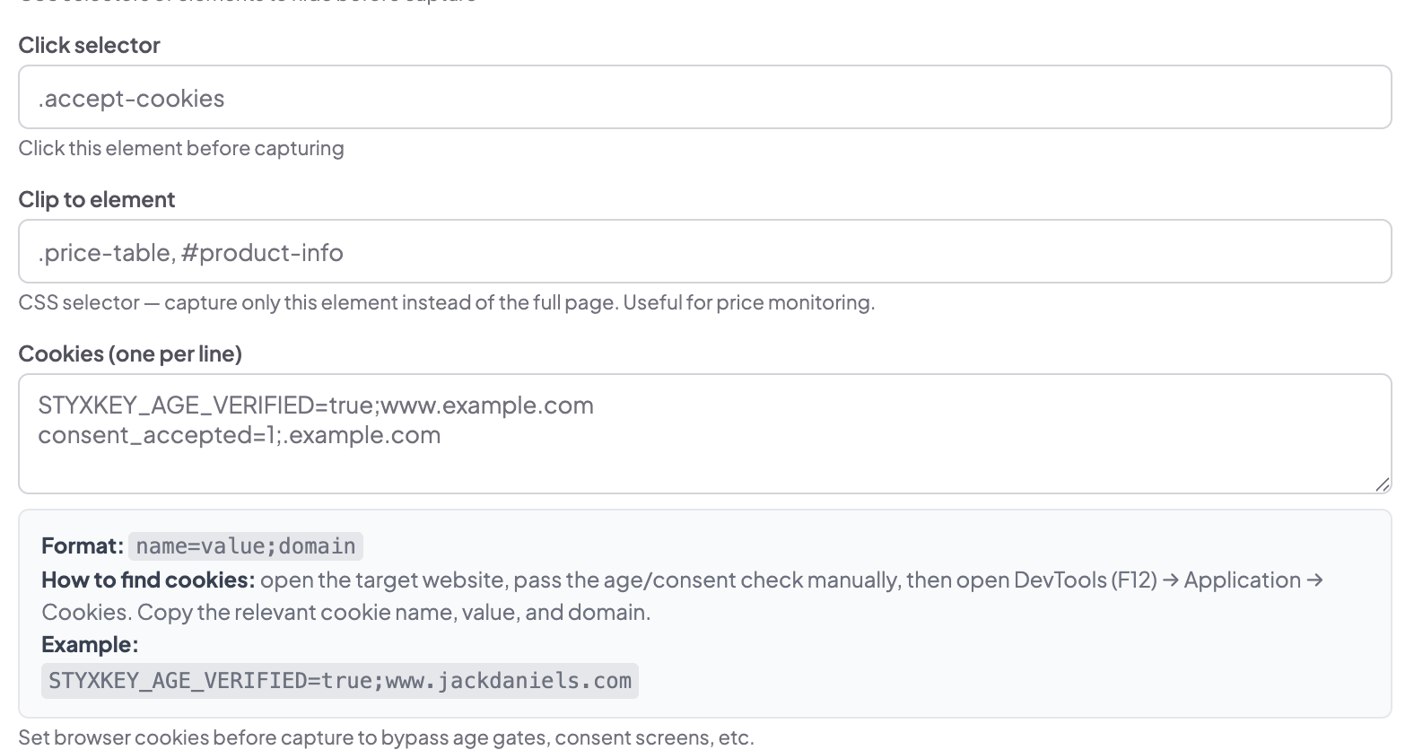 Click selector and clip to element settings in Snapshot Archive for dismissing popups and capturing specific page sections