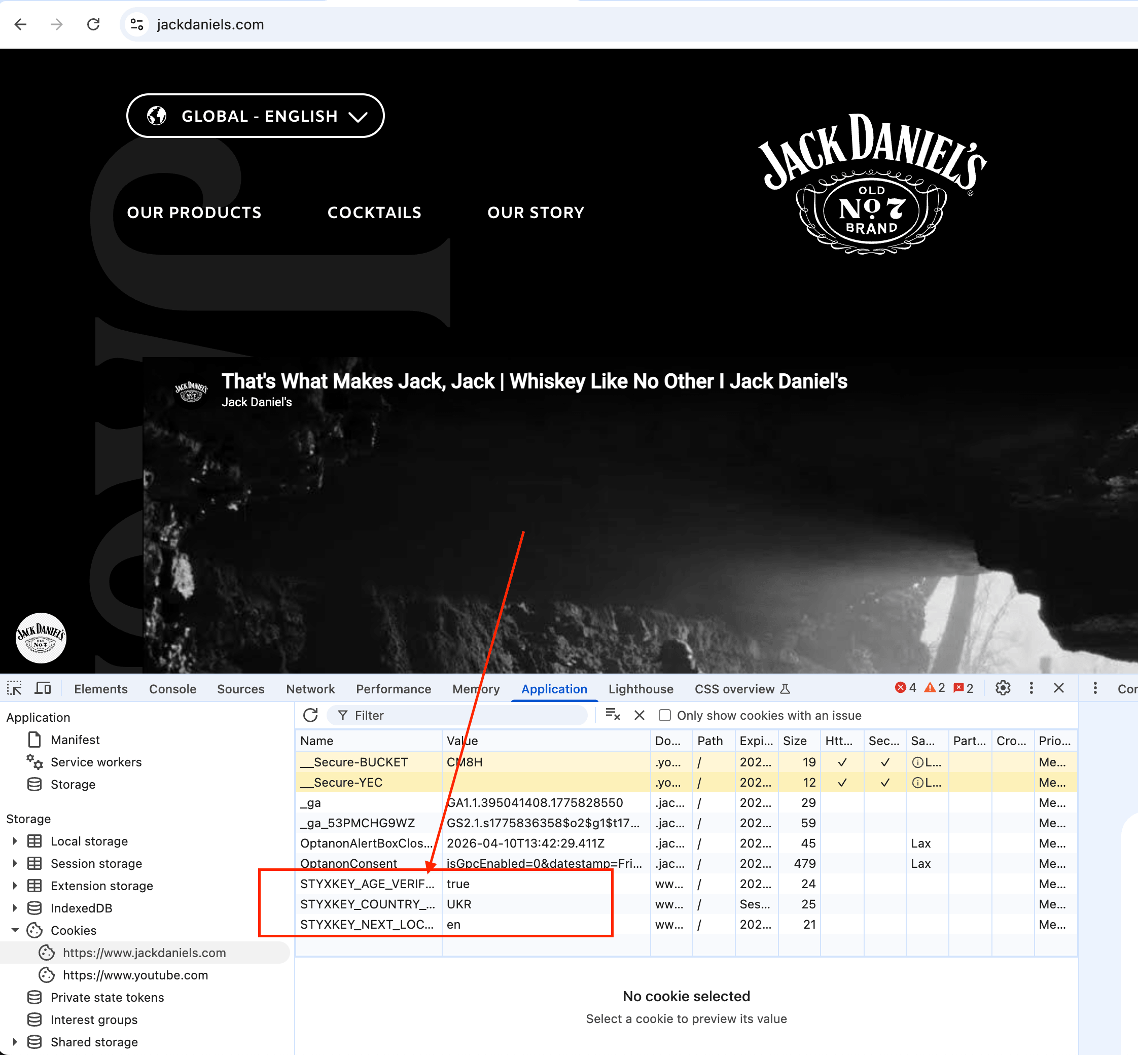 DevTools before passing verification — STYXKEY_AGE_VERIFIED is missing, other cookies are present