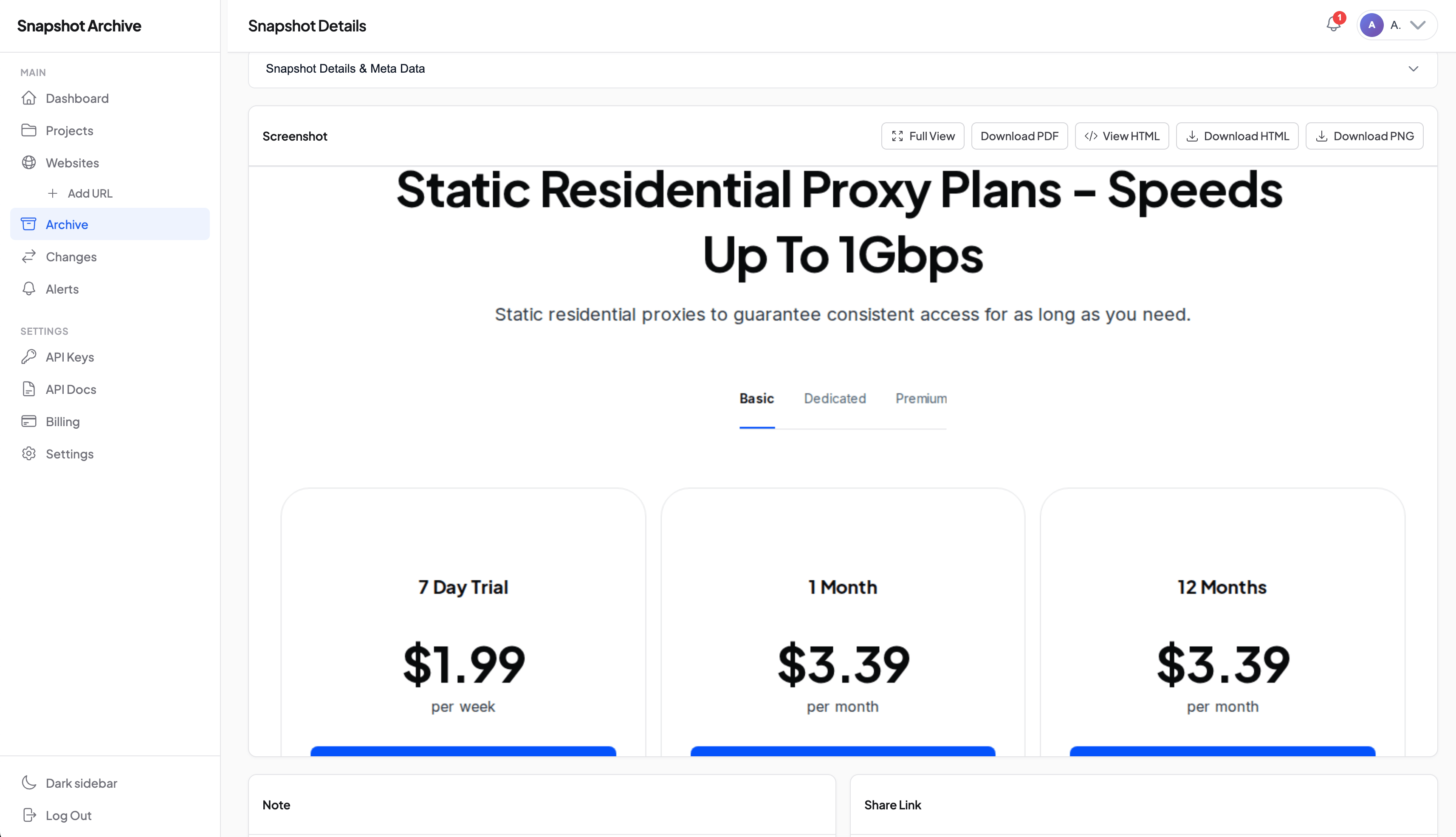 Viewport screenshot result in Snapshot Archive showing a pricing page cut off at the fold with prices partially visible] [video-fullpage-demo - Video demonstration of a full page screenshot showing the complete pricing page with all plans, FAQ, and footer