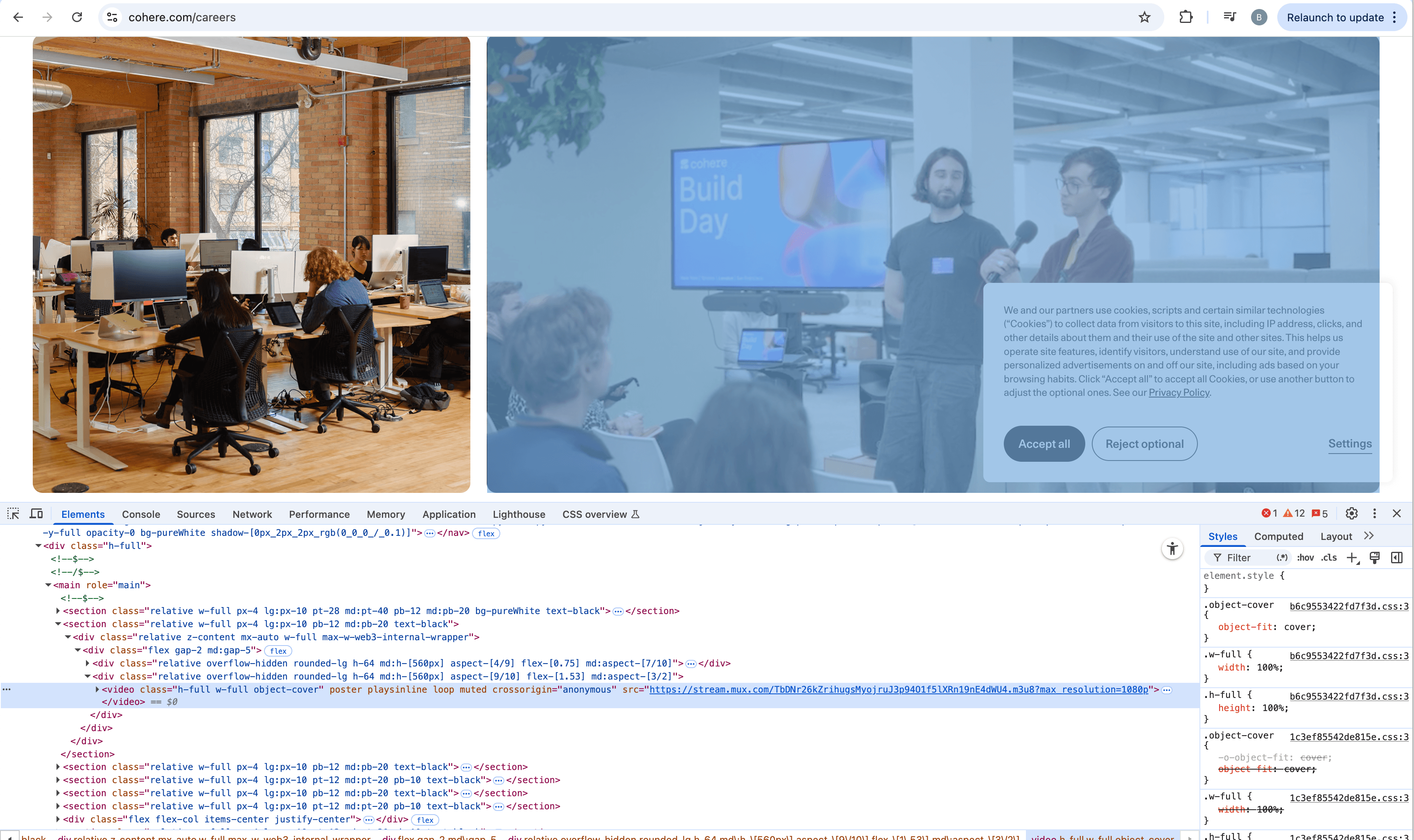  DevTools inspector on cohere careers page showing video element with Tailwind utility classes