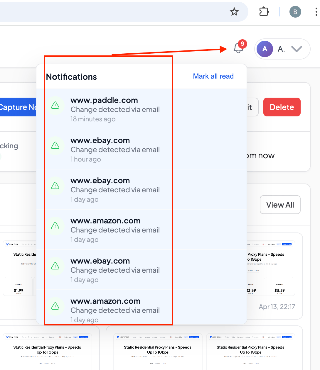 Notifications dropdown in Snapshot Archive showing recent change alerts for paddle.com (18 minutes ago), ebay.com (1 hour ago, 1 day ago), amazon.com (1 day ago) with "Change detected via email" labels