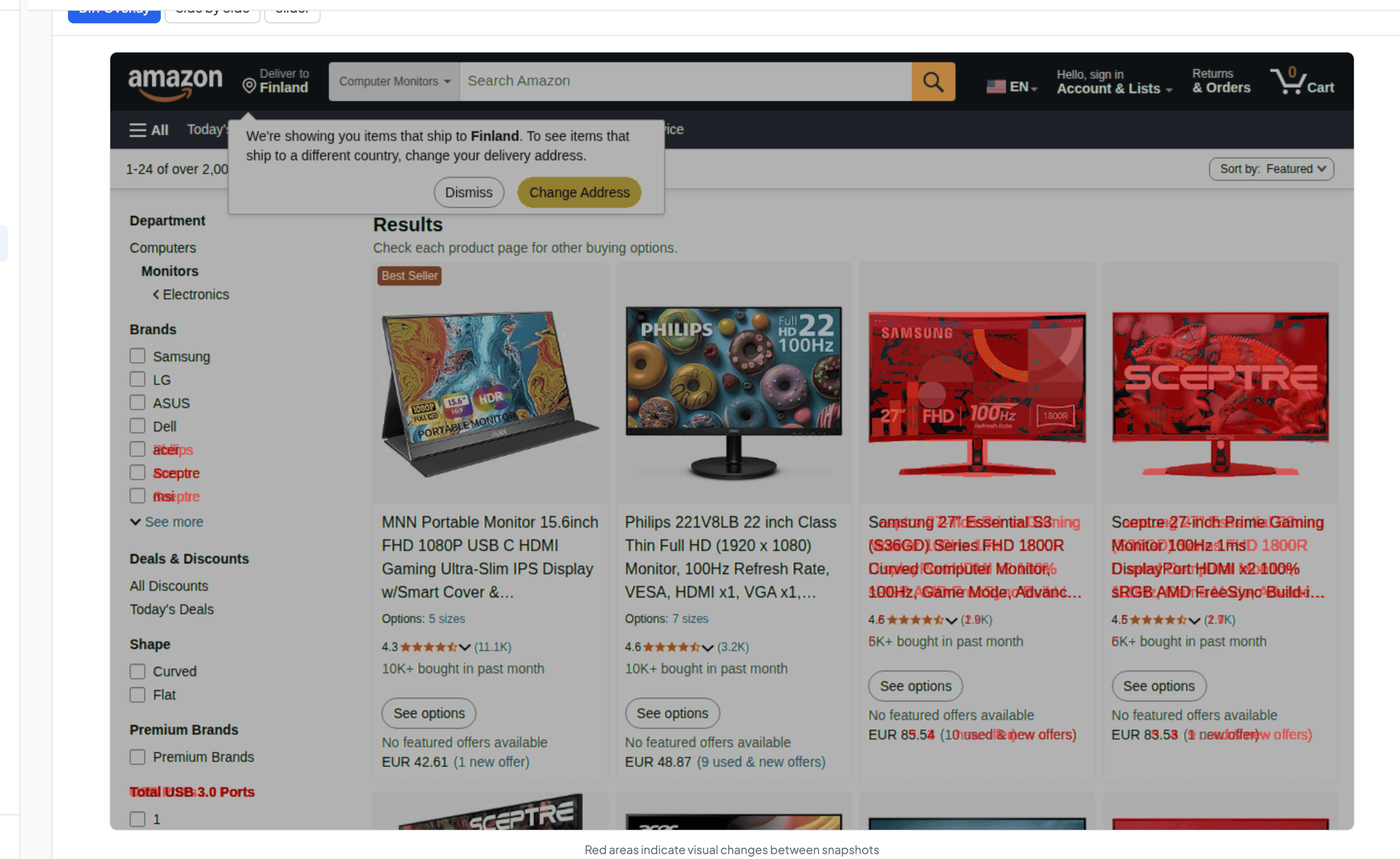 Diff Overlay on Amazon Computer Monitors category with red highlights across product cards