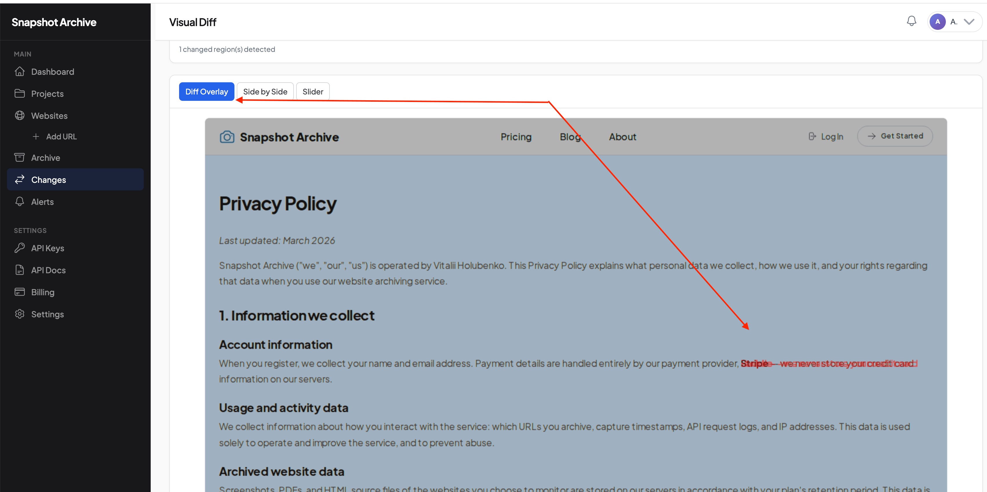 Visual Diff overlay highlighting the changed payment provider name