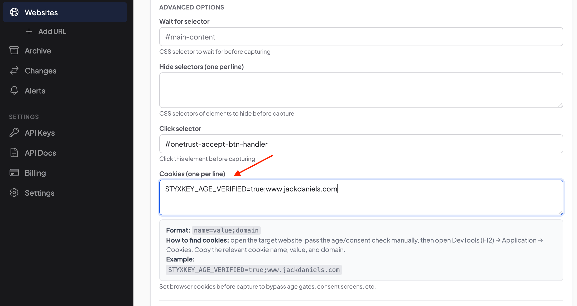 Monitor settings in snapshotarchive — Cookies field with STYXKEY_AGE_VERIFIED=true;www.jackdaniels.com and click selector for OneTrust