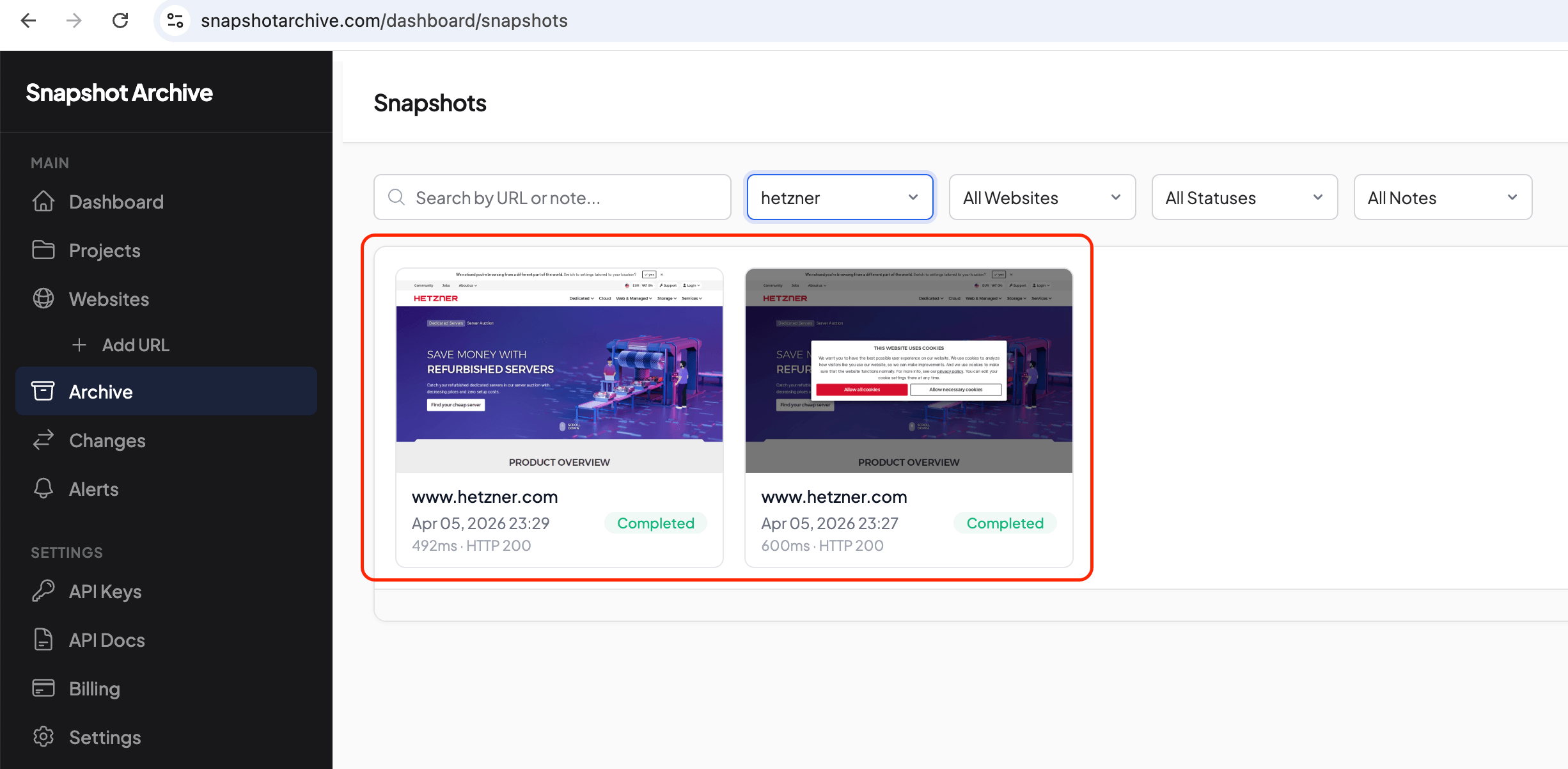 Hetzner archive: clean vs with cookie banner