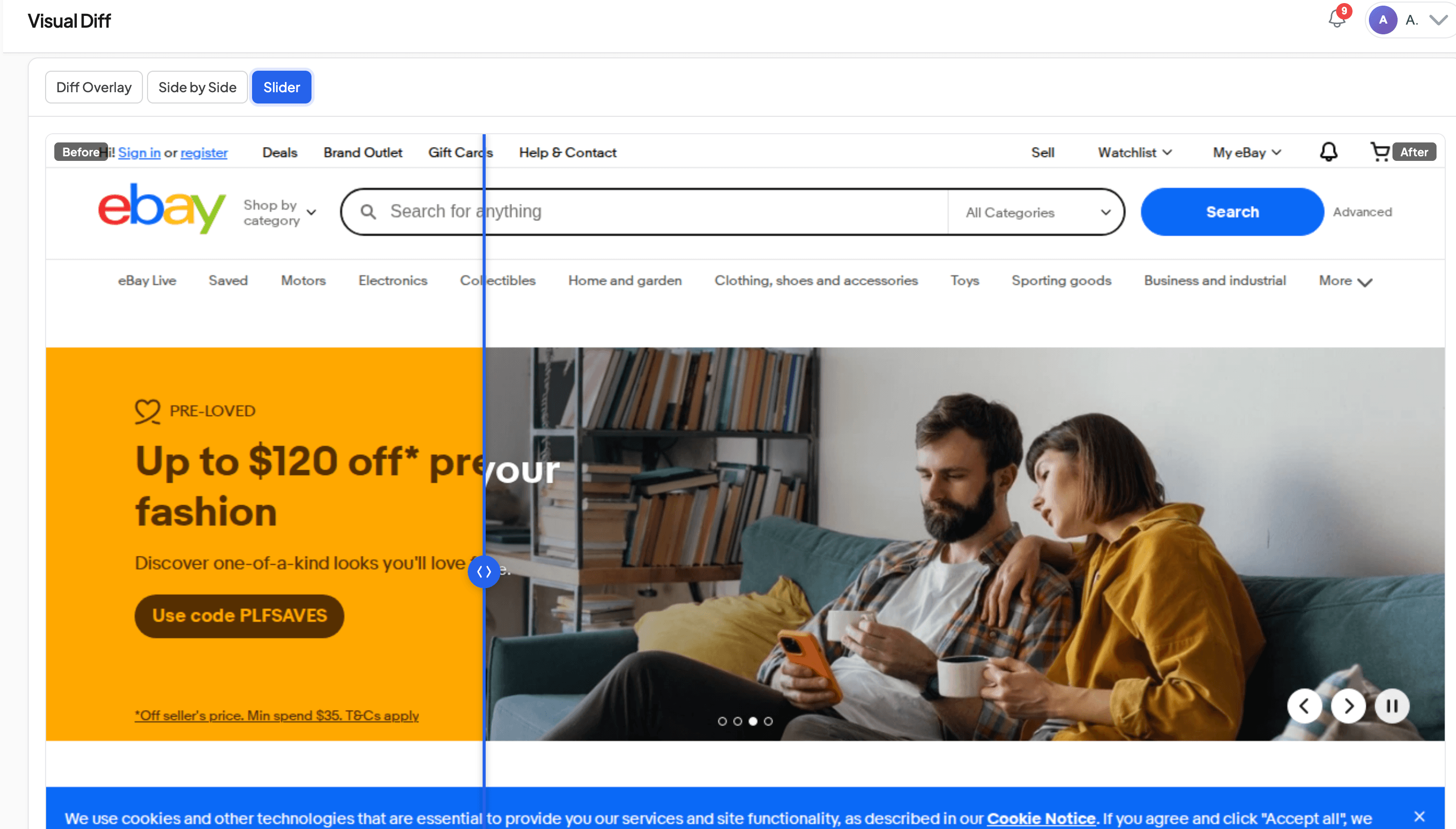  Slider comparison of eBay homepage showing promotional banner change, "Pre-Loved" fashion banner on the left, different promotion on the right, slider handle visible in the middle