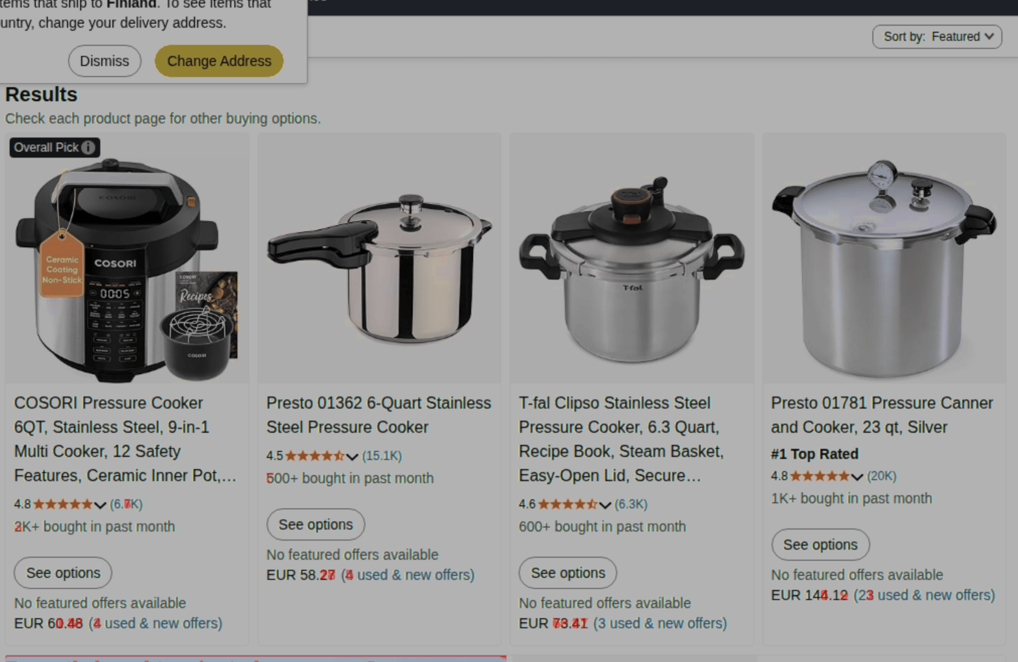 Visual diff overlay of Amazon pressure cookers category page with price and review count changes