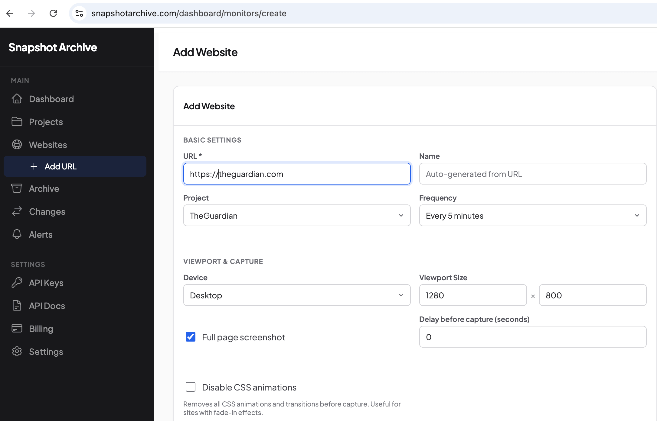 Adding theguardian.com URL with default settings, no hide selectors configured
