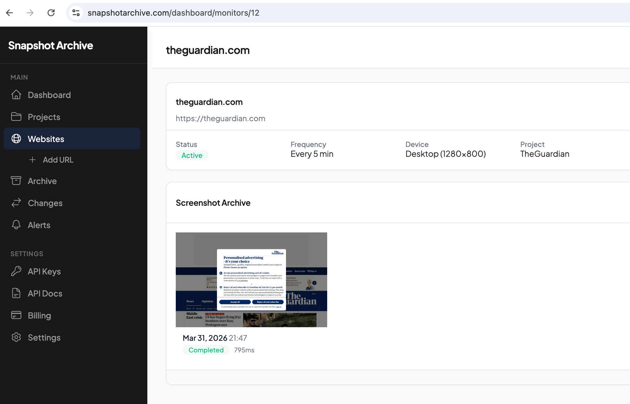 Screenshot archive showing theguardian.com captured with a cookie consent banner blocking the content